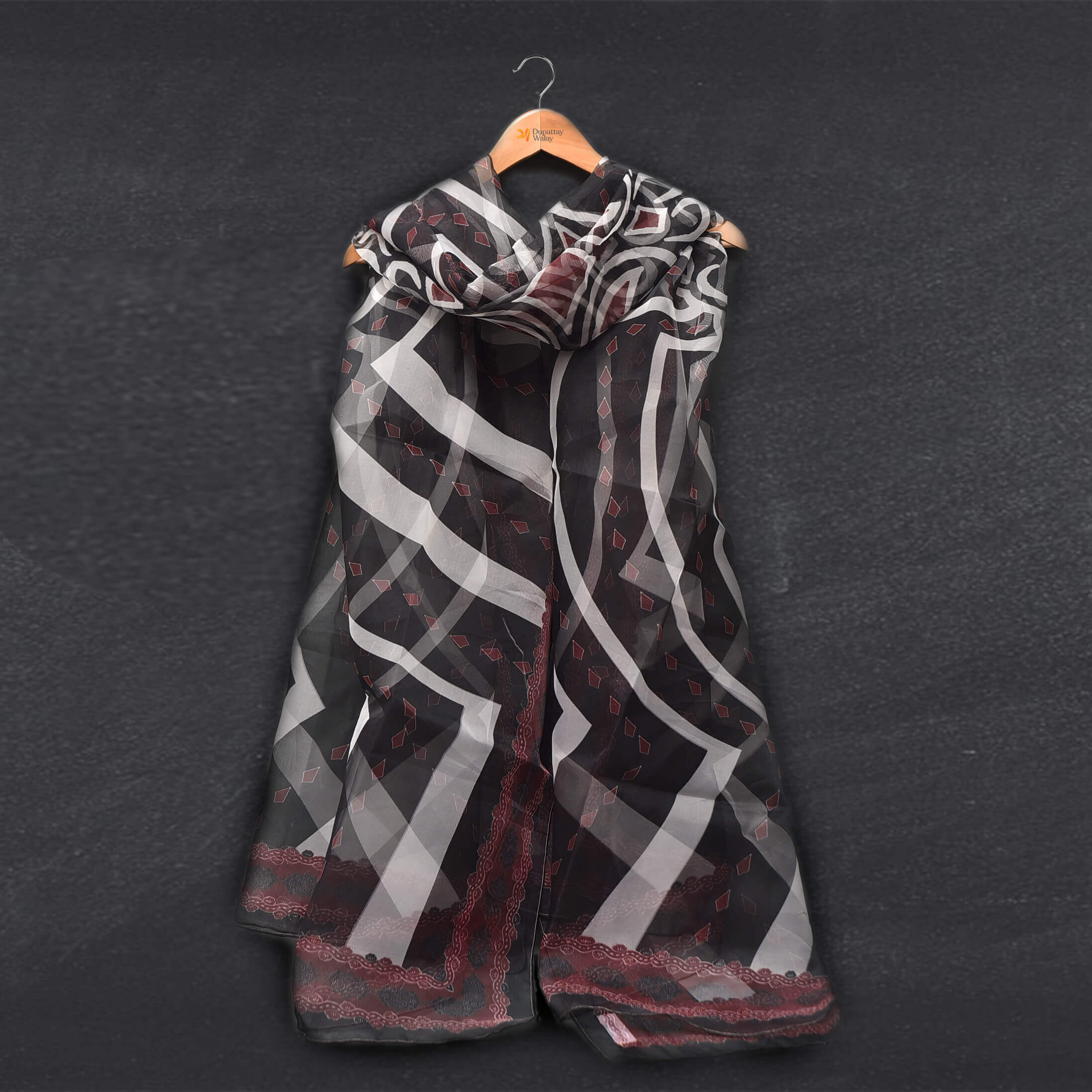 Organza Black with Red Diamond Printed Dupatta