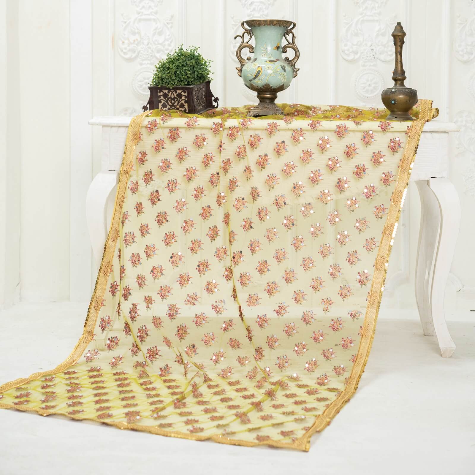 Net Mehndi Floral Block Printed Gota Patti with Mirror Work Dupatta