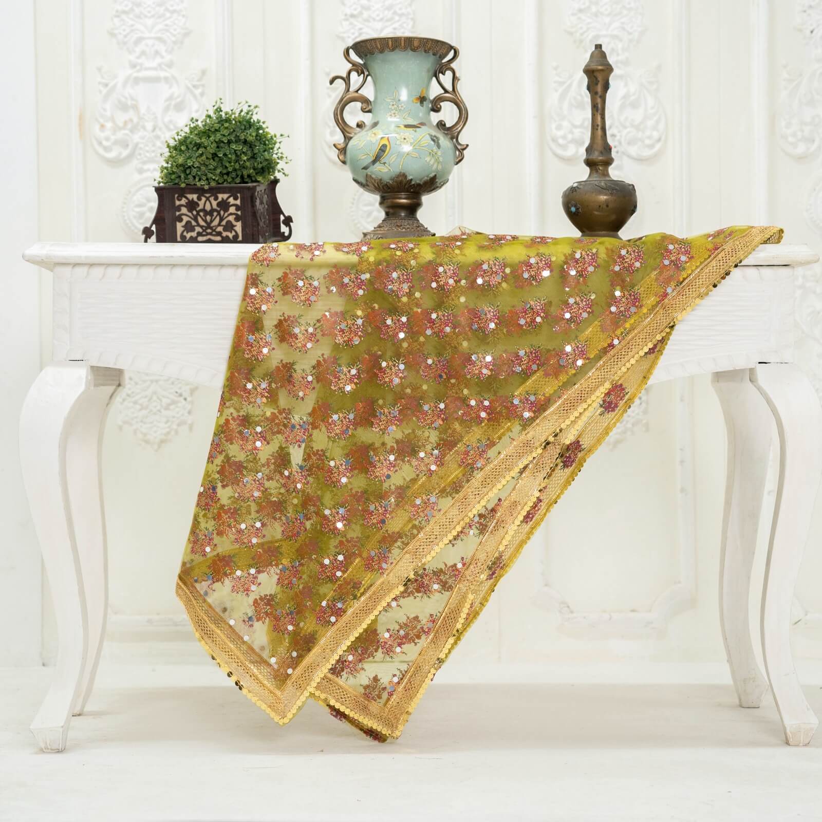 Net Mehndi Floral Block Printed Gota Patti with Mirror Work Dupatta