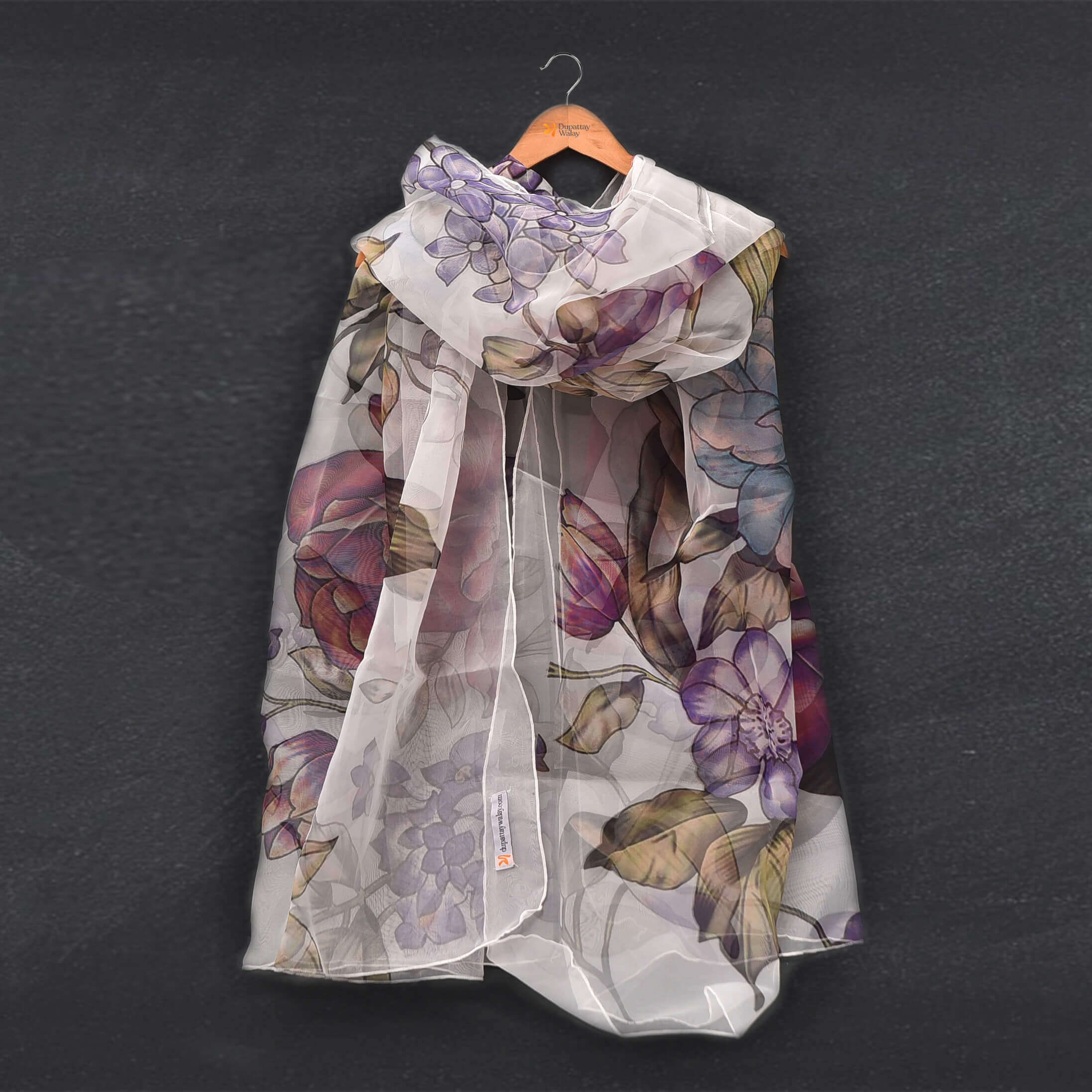 Organza White Multi Floral Printed Dupatta