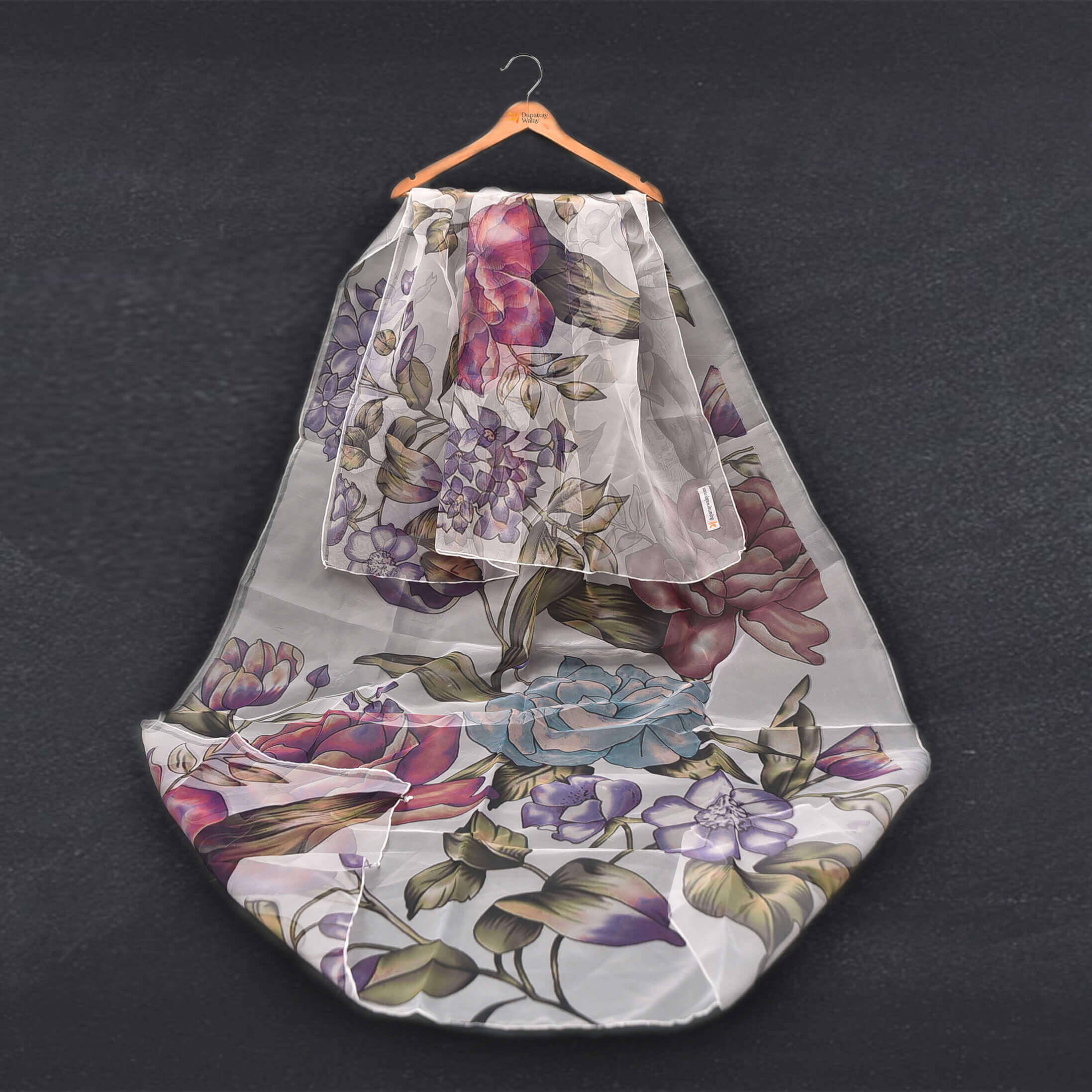 Organza White Multi Floral Printed Dupatta