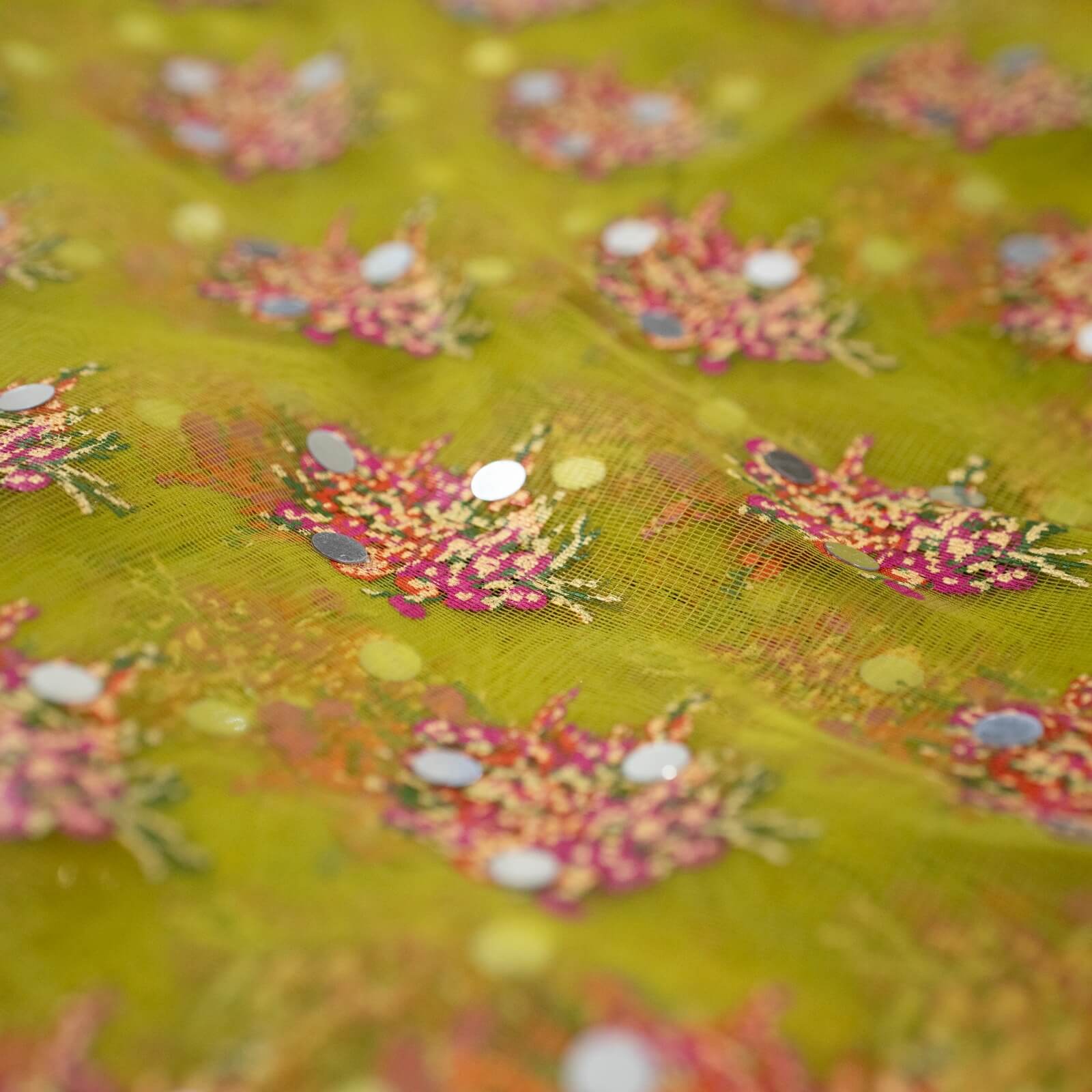 Net Mehndi Floral Block Printed Gota Patti with Mirror Work Dupatta