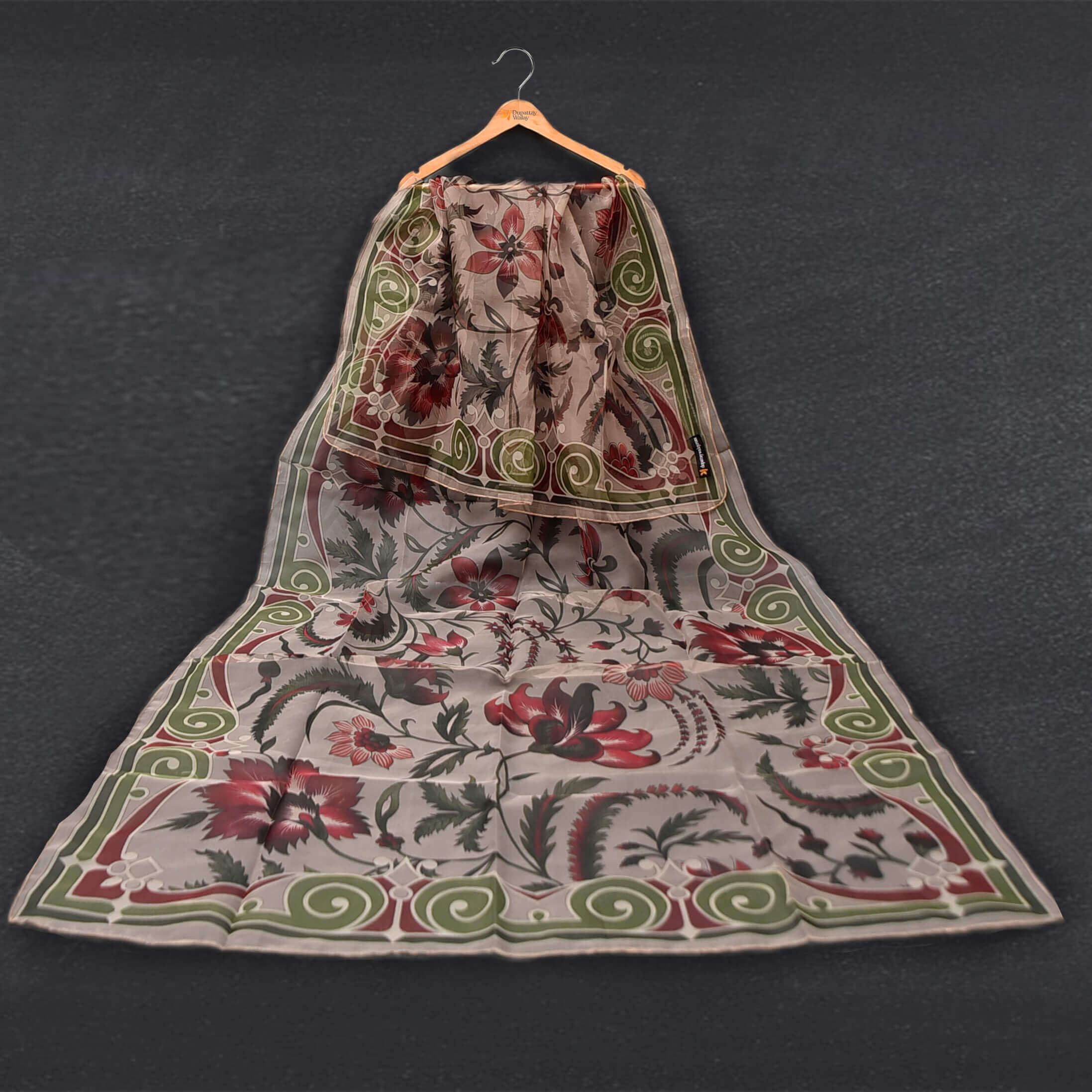 Organza Peach Oriental Floral Printed Dupatta