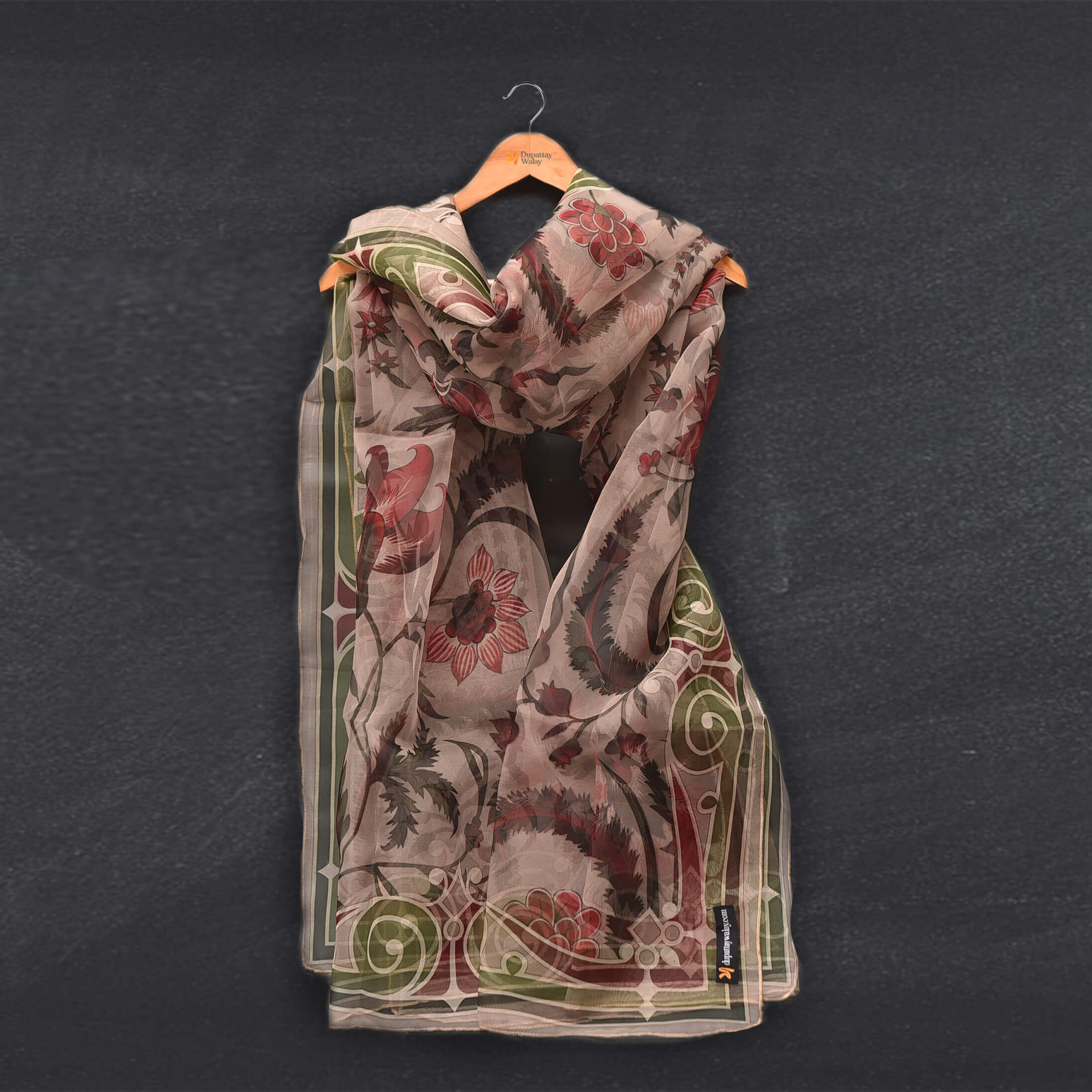 Organza Peach Oriental Floral Printed Dupatta