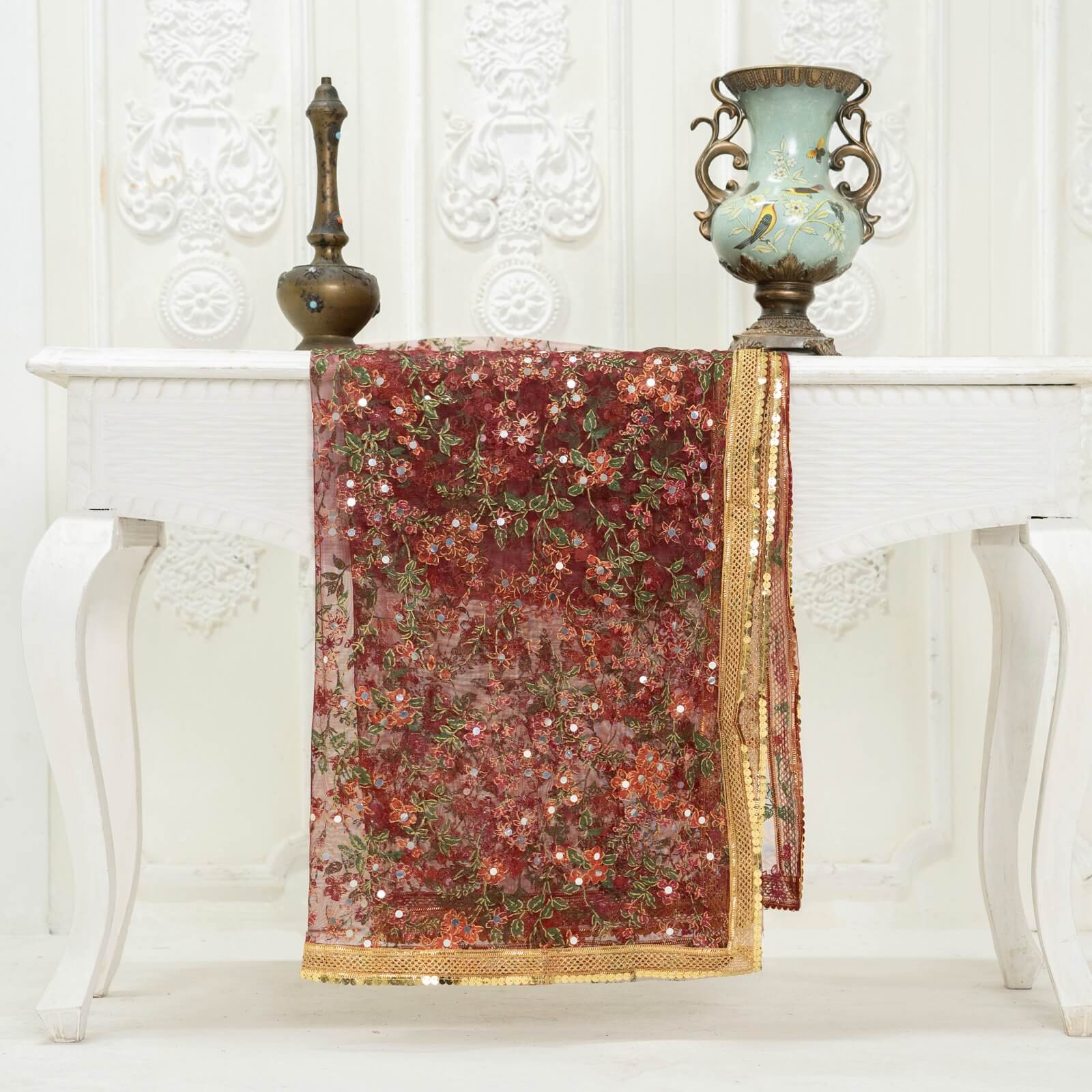 Net Maroon Botanical Block Printed Gota Patti with Mirror Work Dupatta