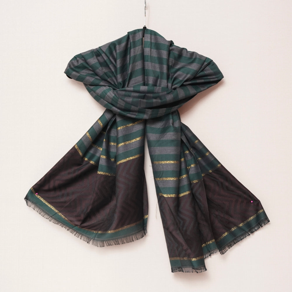 Cotton Green and Grey Striped Scarf DUPPATTY WALAY