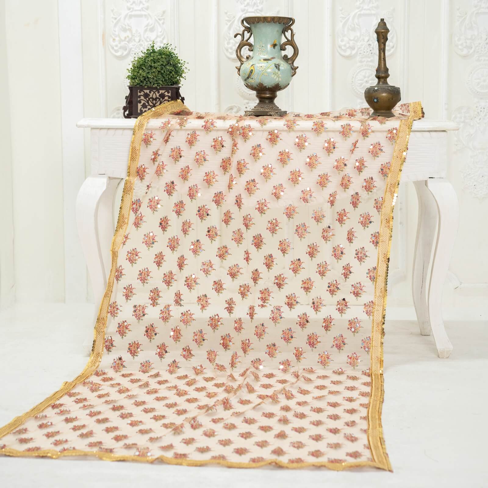 Net Orange Floral Block Printed Gota Patti with Mirror Work Dupatta