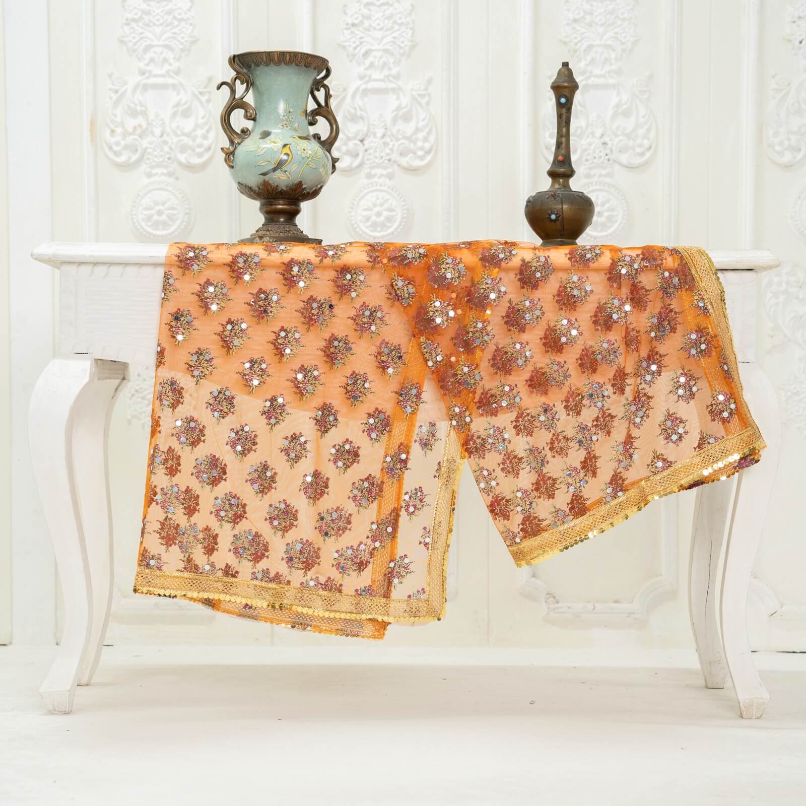 Net Orange Floral Block Printed Gota Patti with Mirror Work Dupatta