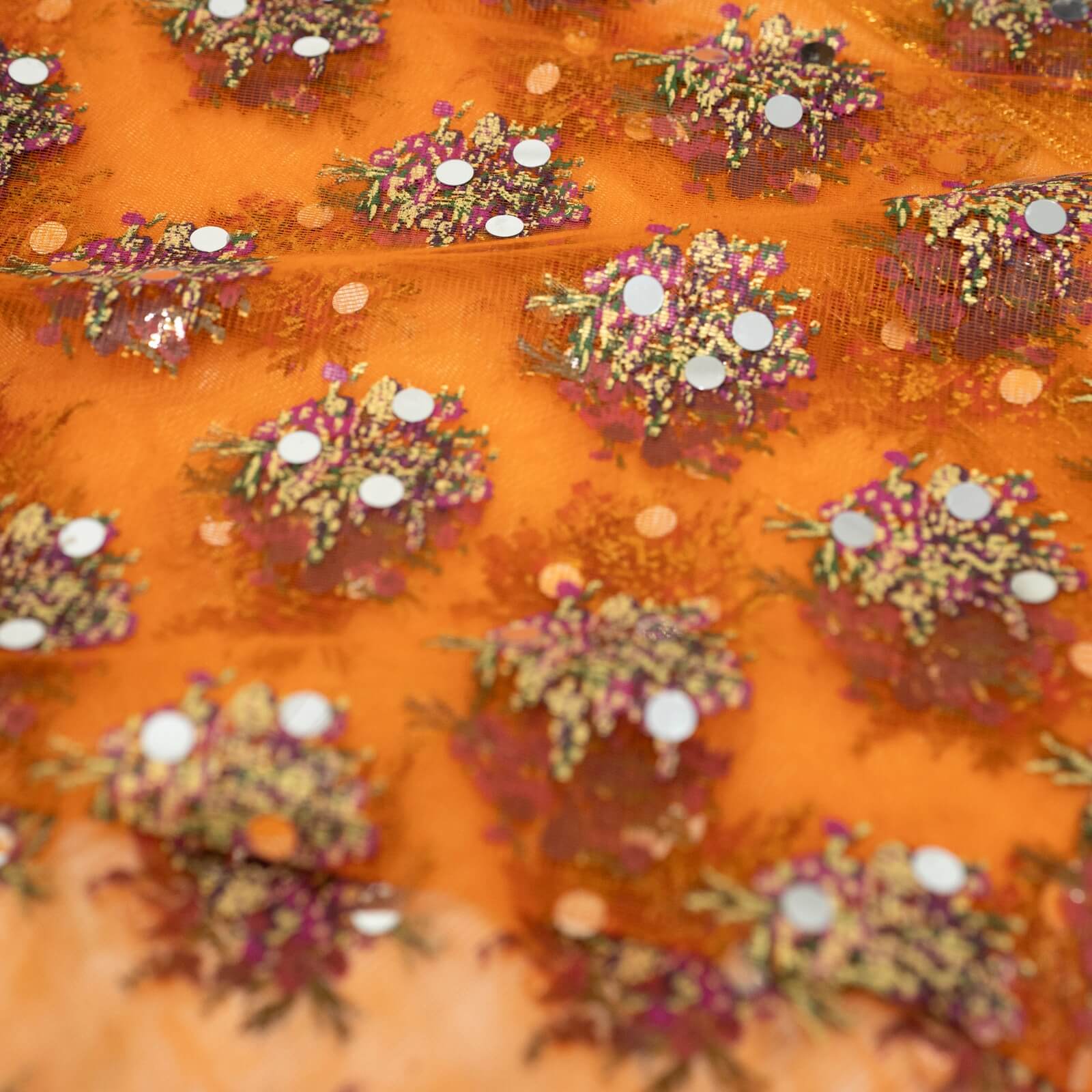 Net Orange Floral Block Printed Gota Patti with Mirror Work Dupatta