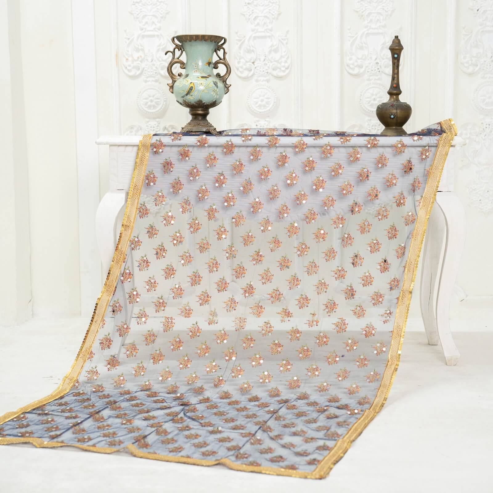 Net Navy Blue Floral Block Printed Gota Patti with Mirror Work Dupatta