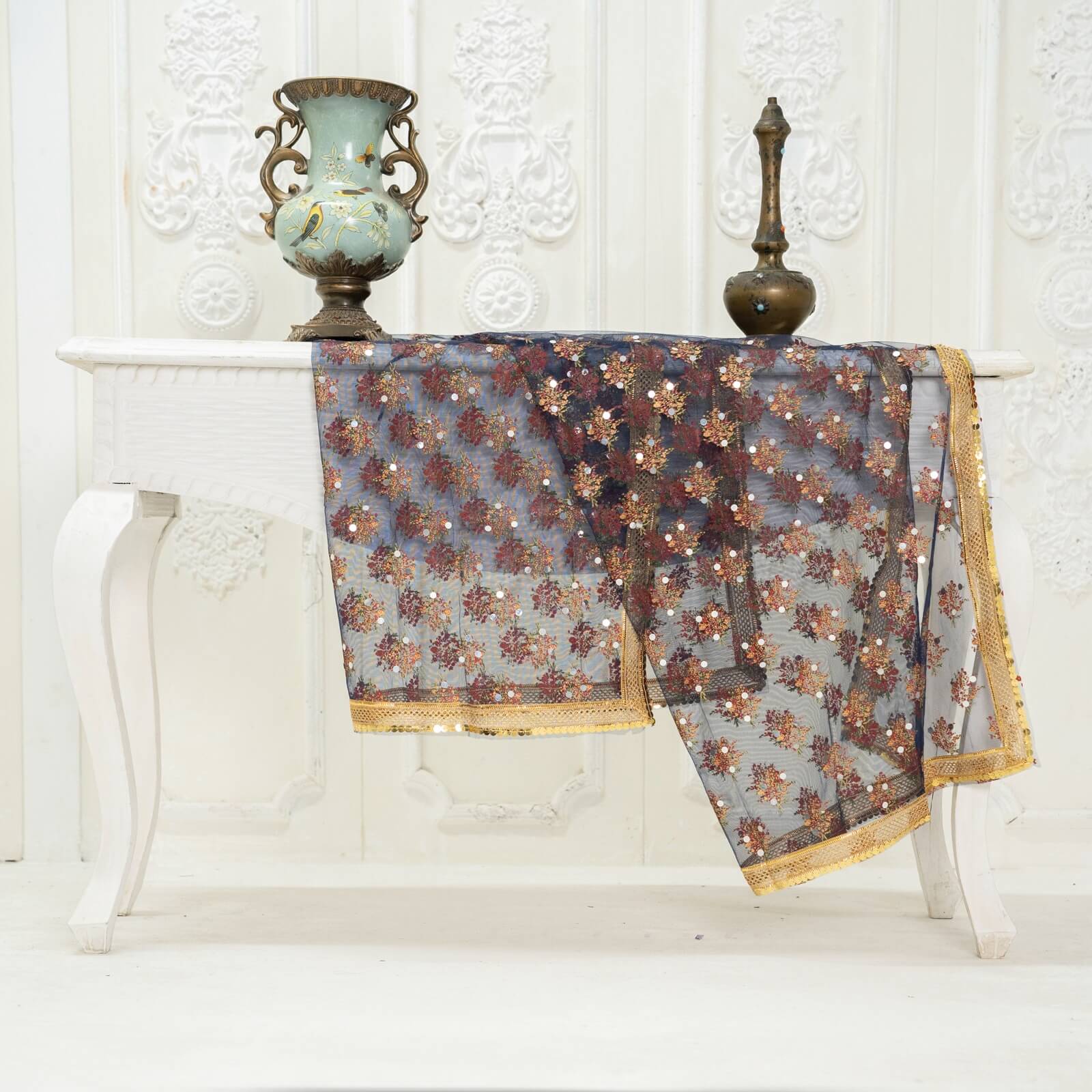 Net Navy Blue Floral Block Printed Gota Patti with Mirror Work Dupatta