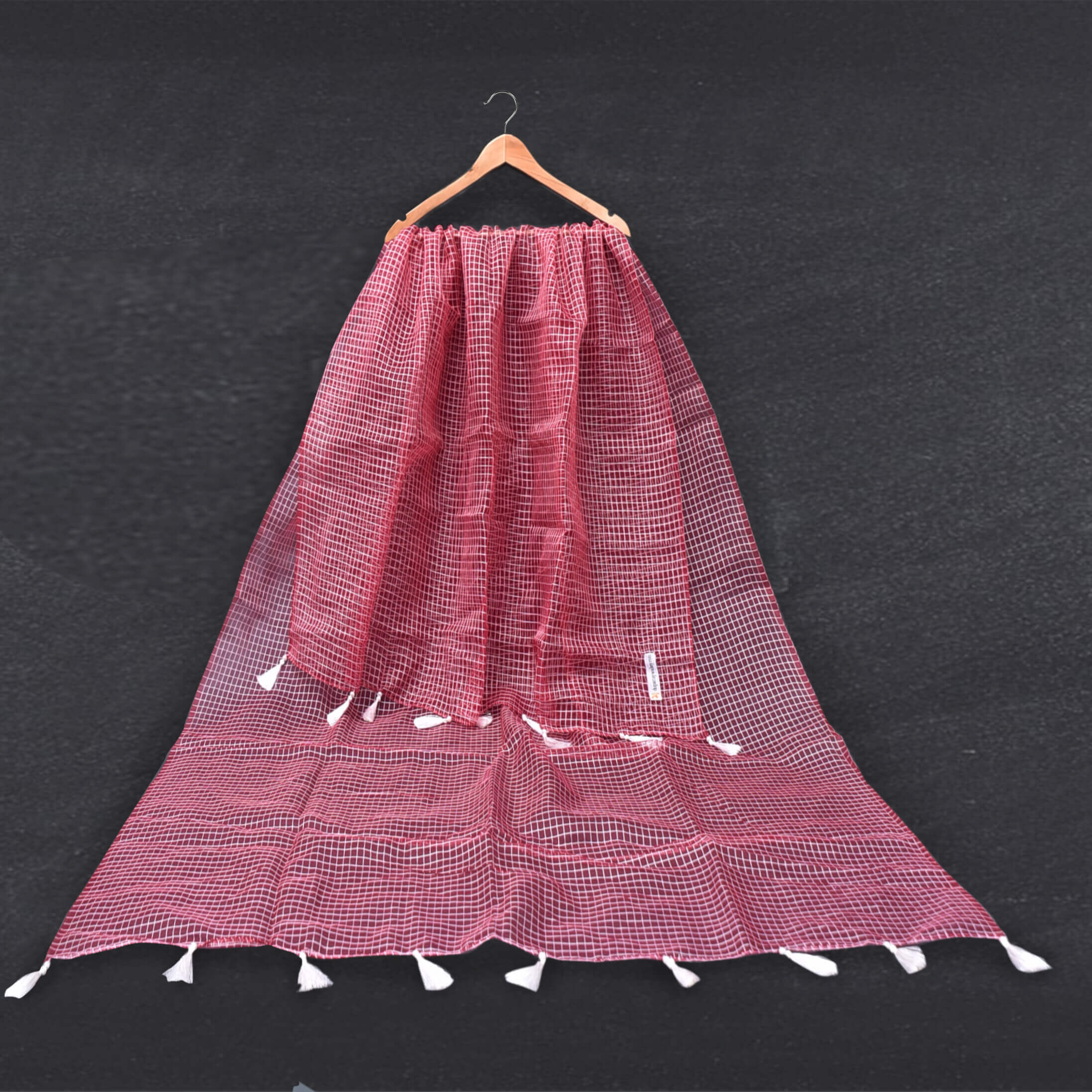Organza Red Checkered Printed with Tussle Dupatta