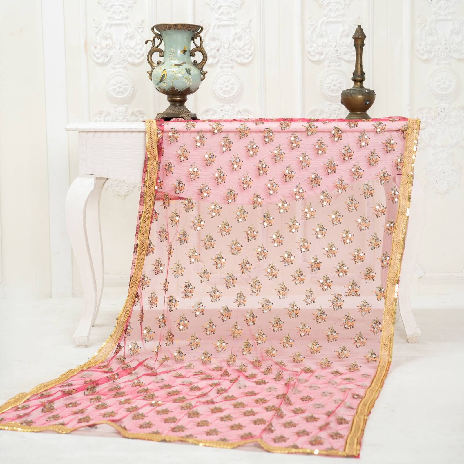 Net Shocking Pink Floral Block Printed Gota Patti with Mirror Work Dupatta