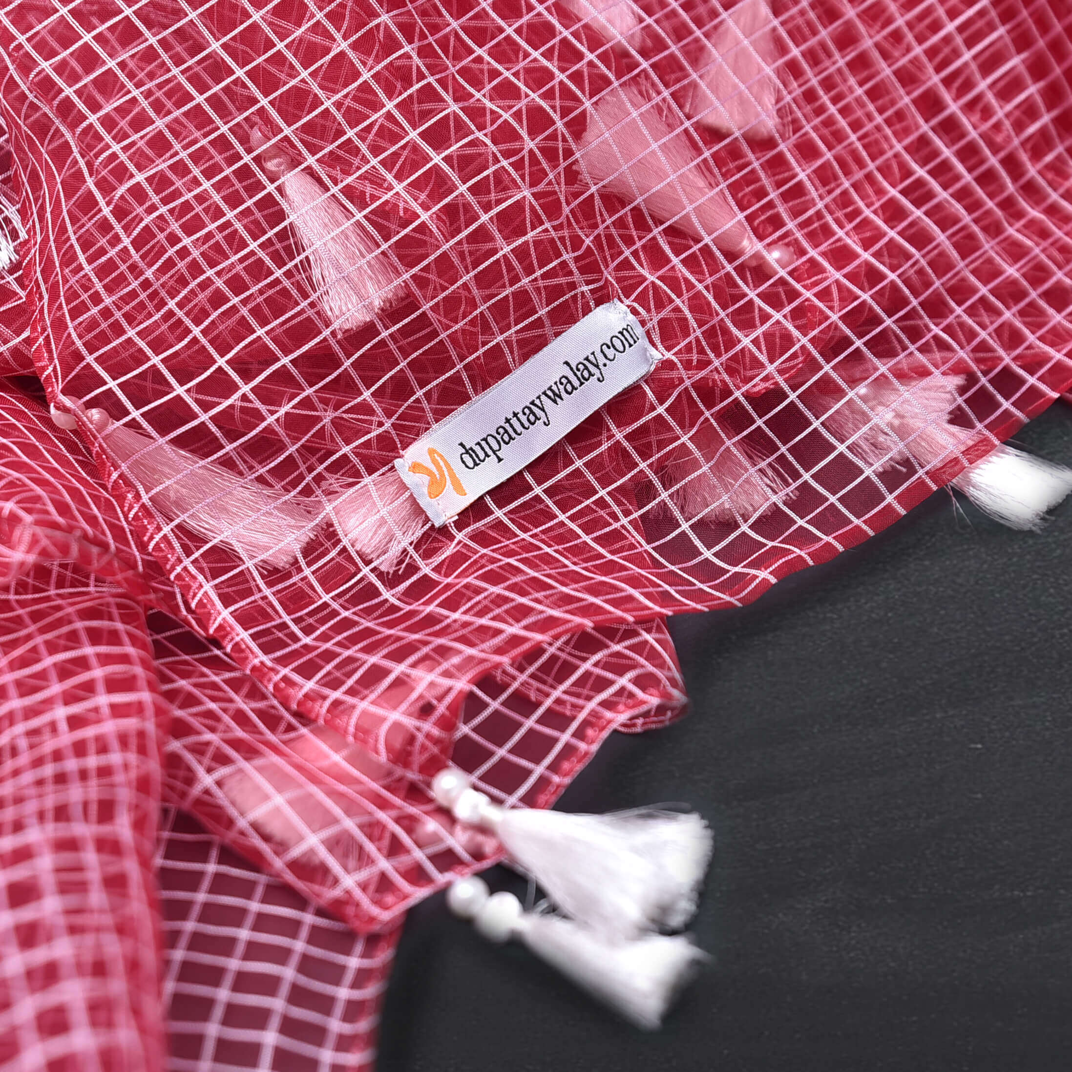 Organza Red Checkered Printed with Tussle Dupatta
