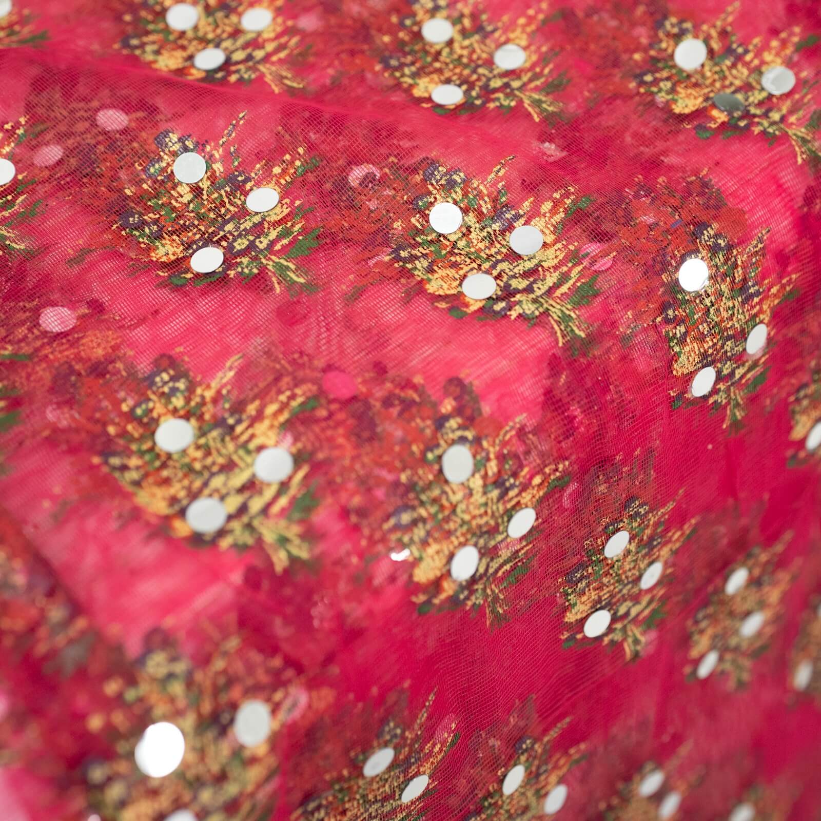 Net Shocking Pink Floral Block Printed Gota Patti with Mirror Work Dupatta