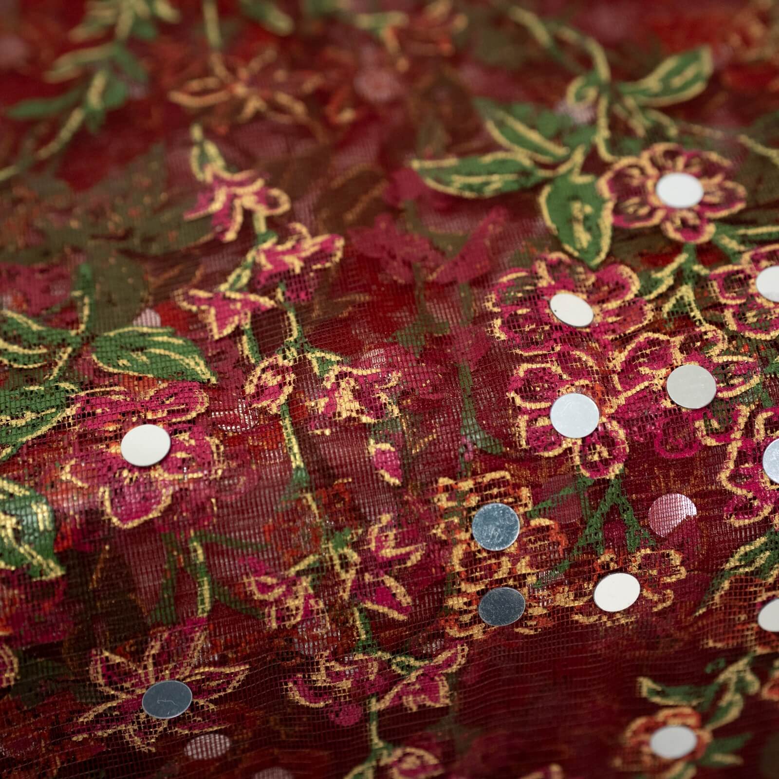 Net Maroon Botanical Block Printed Gota Patti with Mirror Work Dupatta