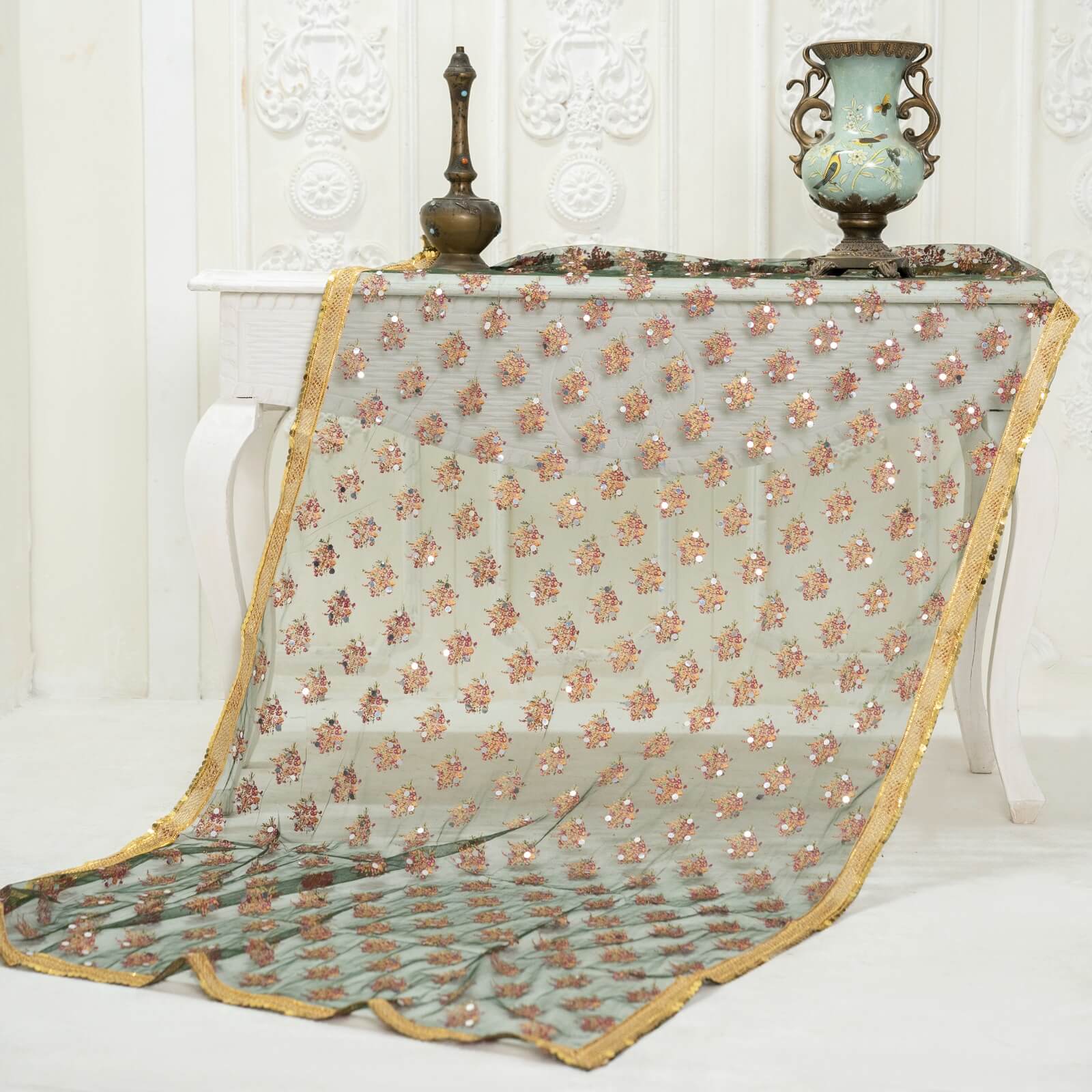 Net Bottle Green Floral Block Printed Gota Patti with Mirror Work Dupatta