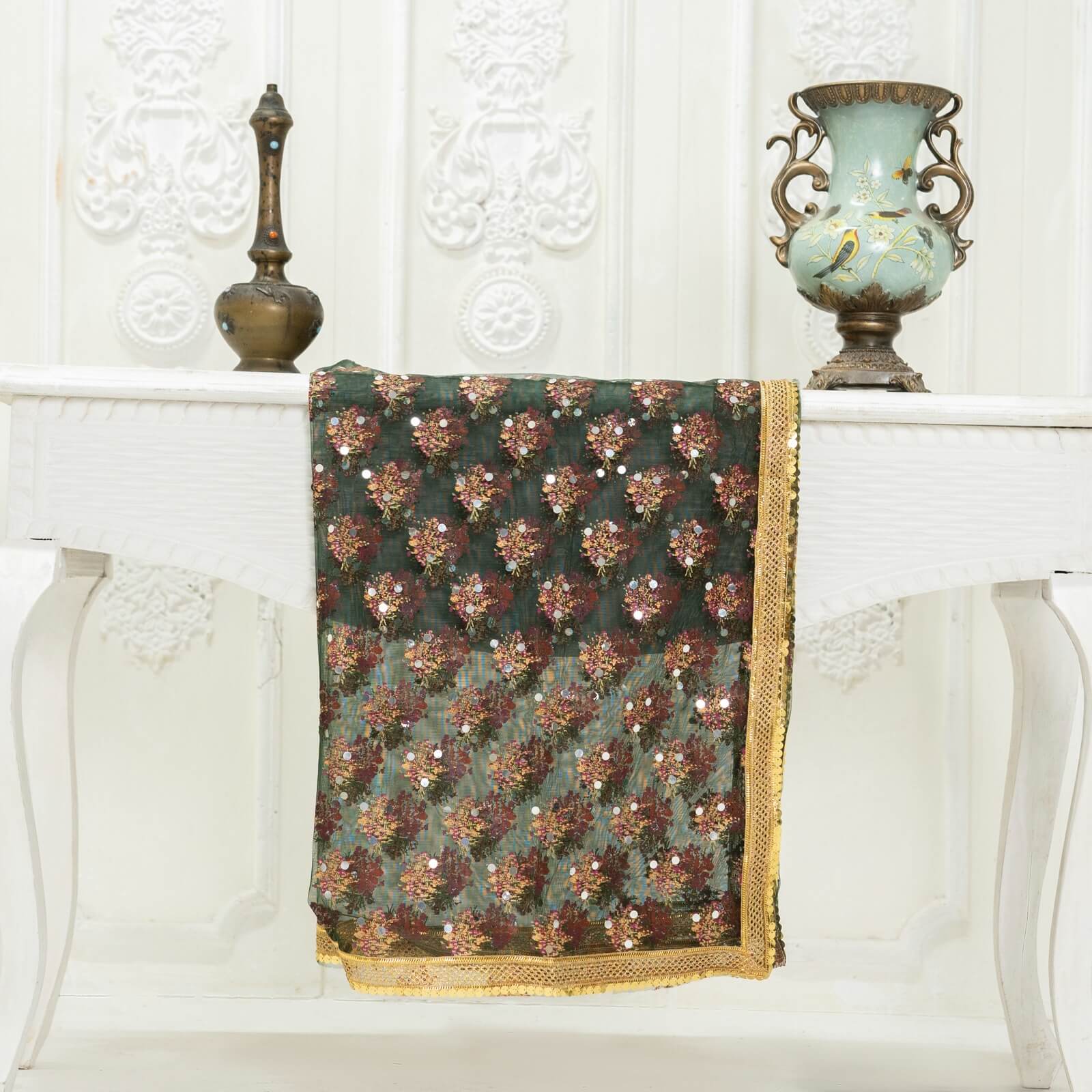 Net Bottle Green Floral Block Printed Gota Patti with Mirror Work Dupatta