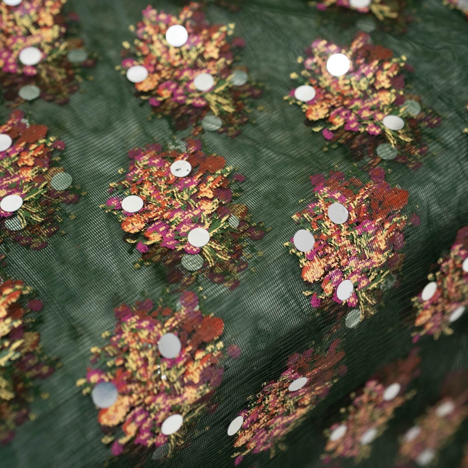 Net Bottle Green Floral Block Printed Gota Patti with Mirror Work Dupatta