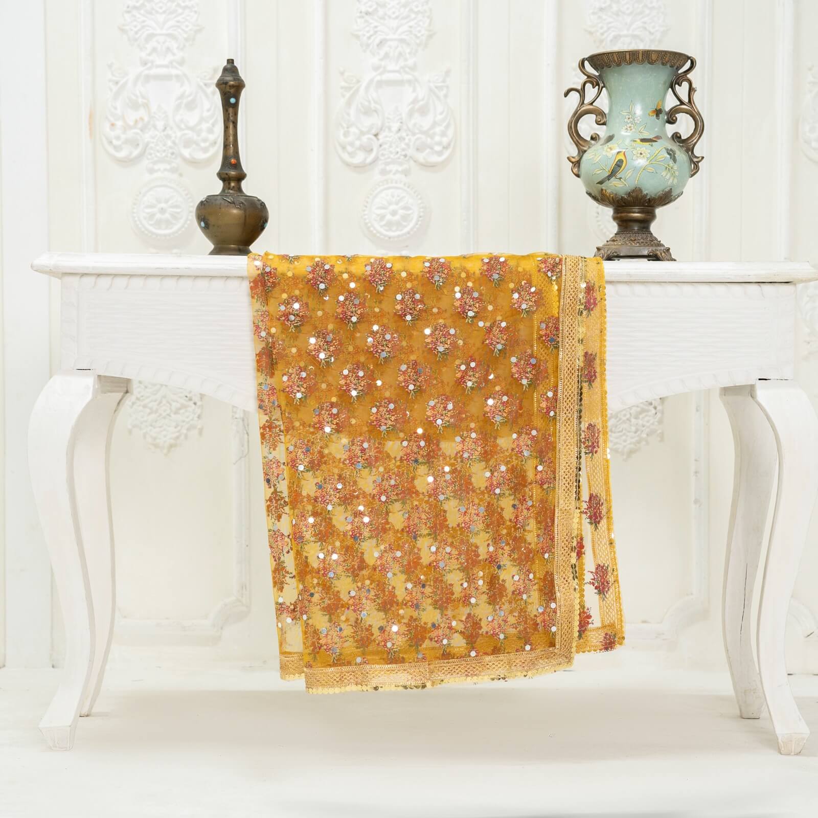 Net Mustard Floral Block Printed Gota Patti with Mirror Work Dupatta