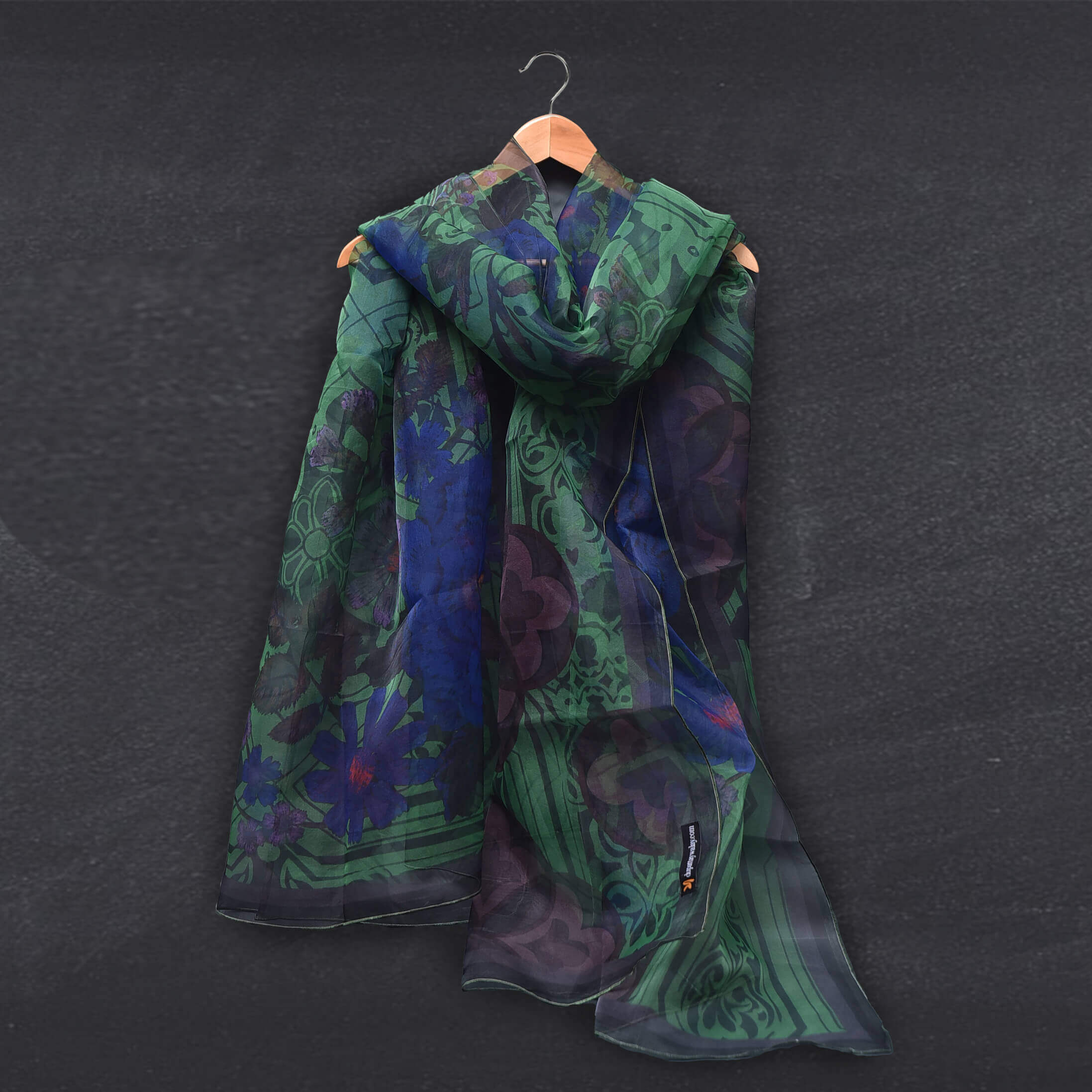 Organza Emerald Green Floral Printed Dupatta