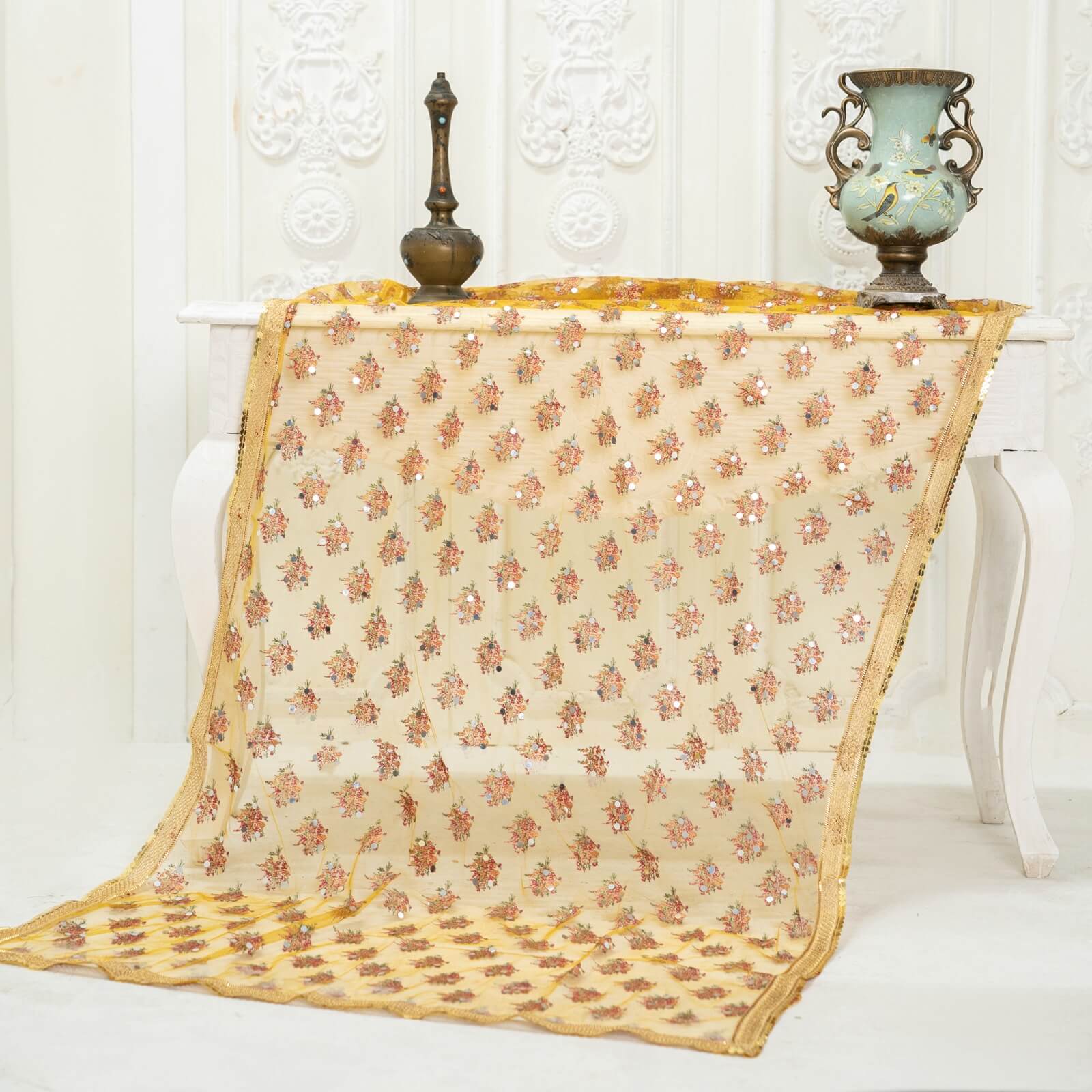 Net Mustard Floral Block Printed Gota Patti with Mirror Work Dupatta