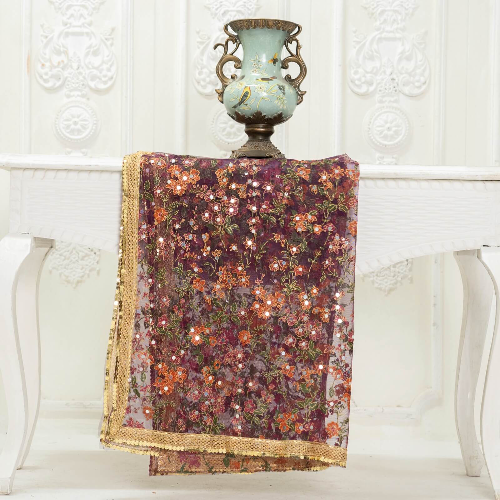 Net Purple Botanical Block Printed Gota Patti with Mirror Work Dupatta