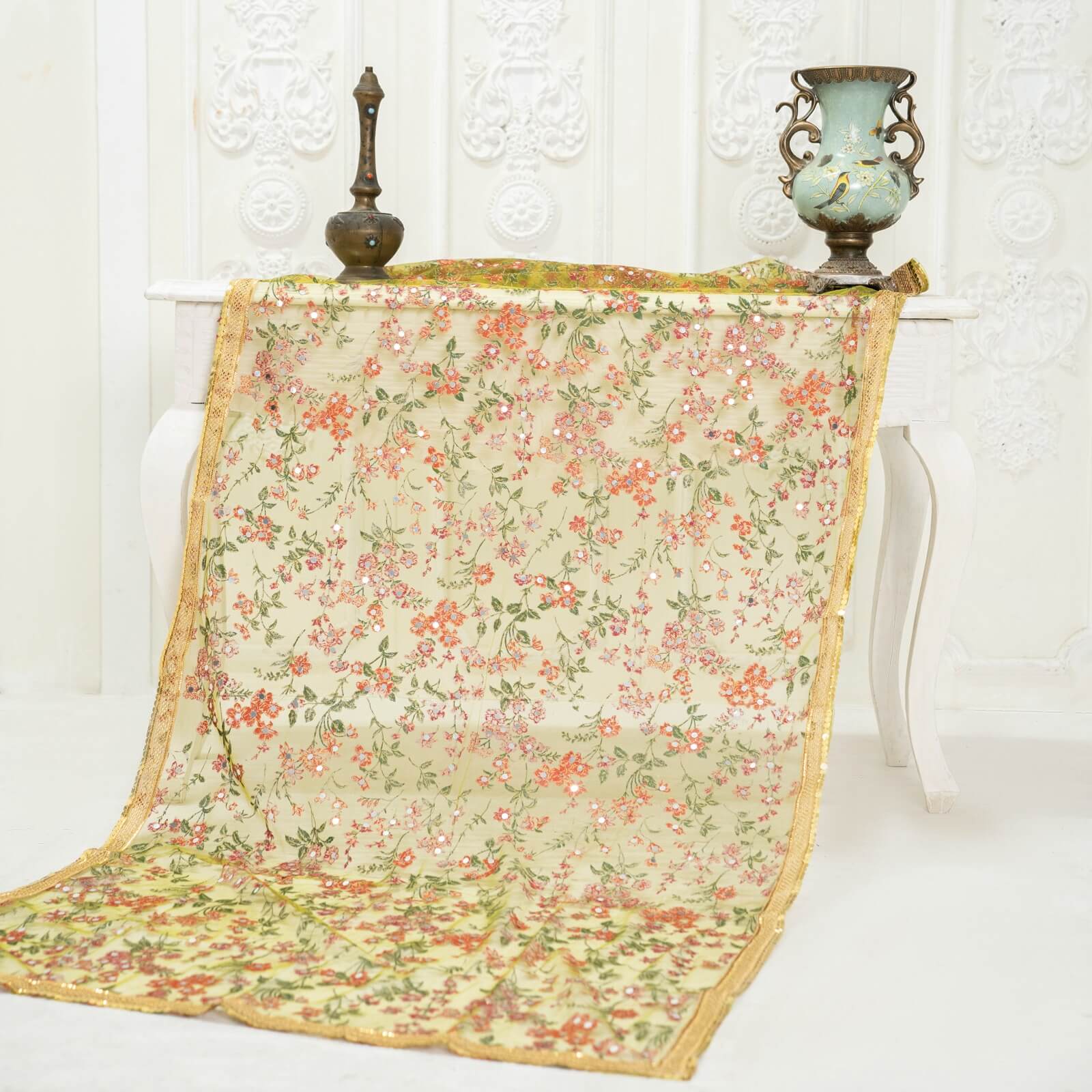 Net Mehndi Botanical Block Printed Gota Patti with Mirror Work Dupatta