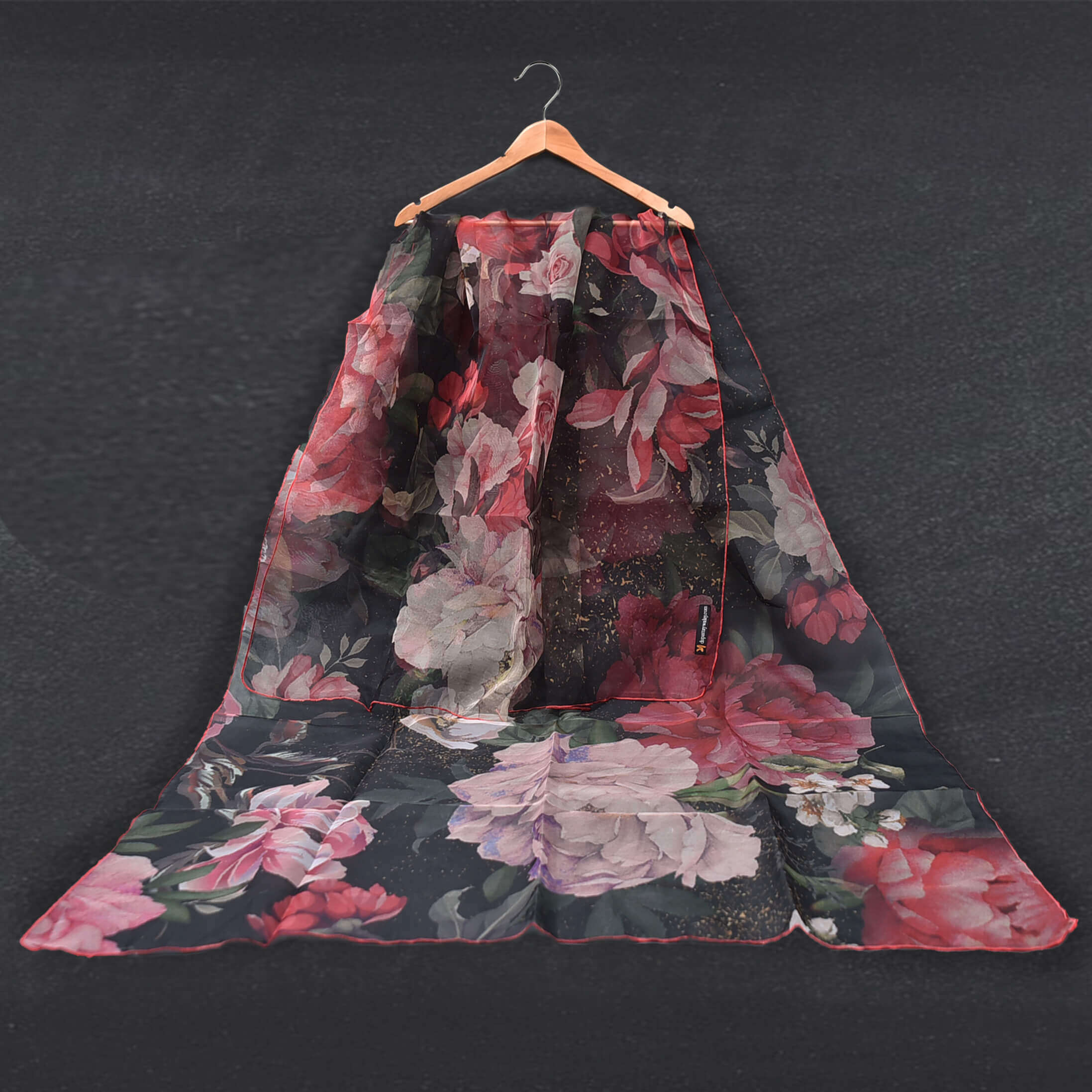 Organza Black Splash Red Floral Printed Dupatta