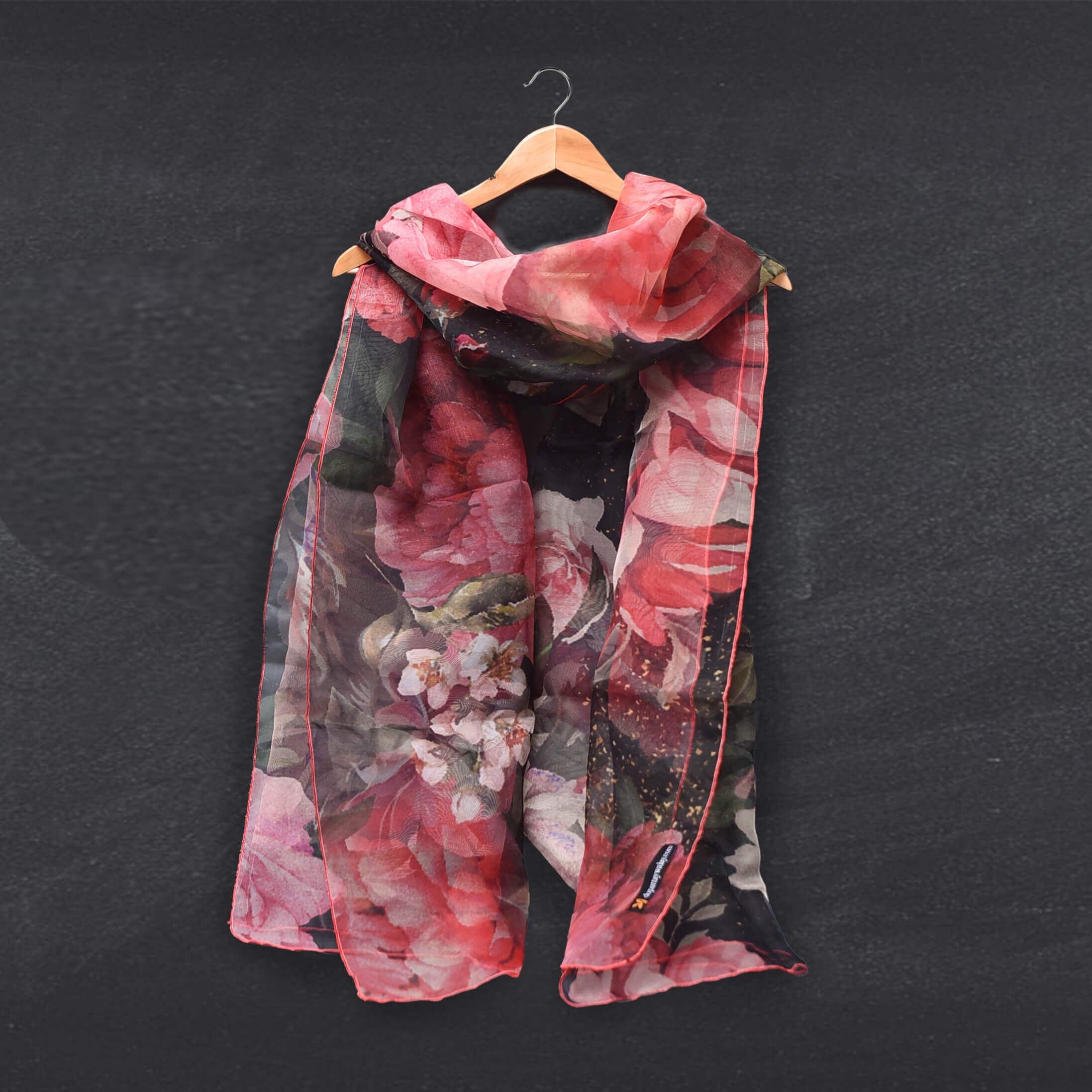 Organza Black Splash Red Floral Printed Dupatta