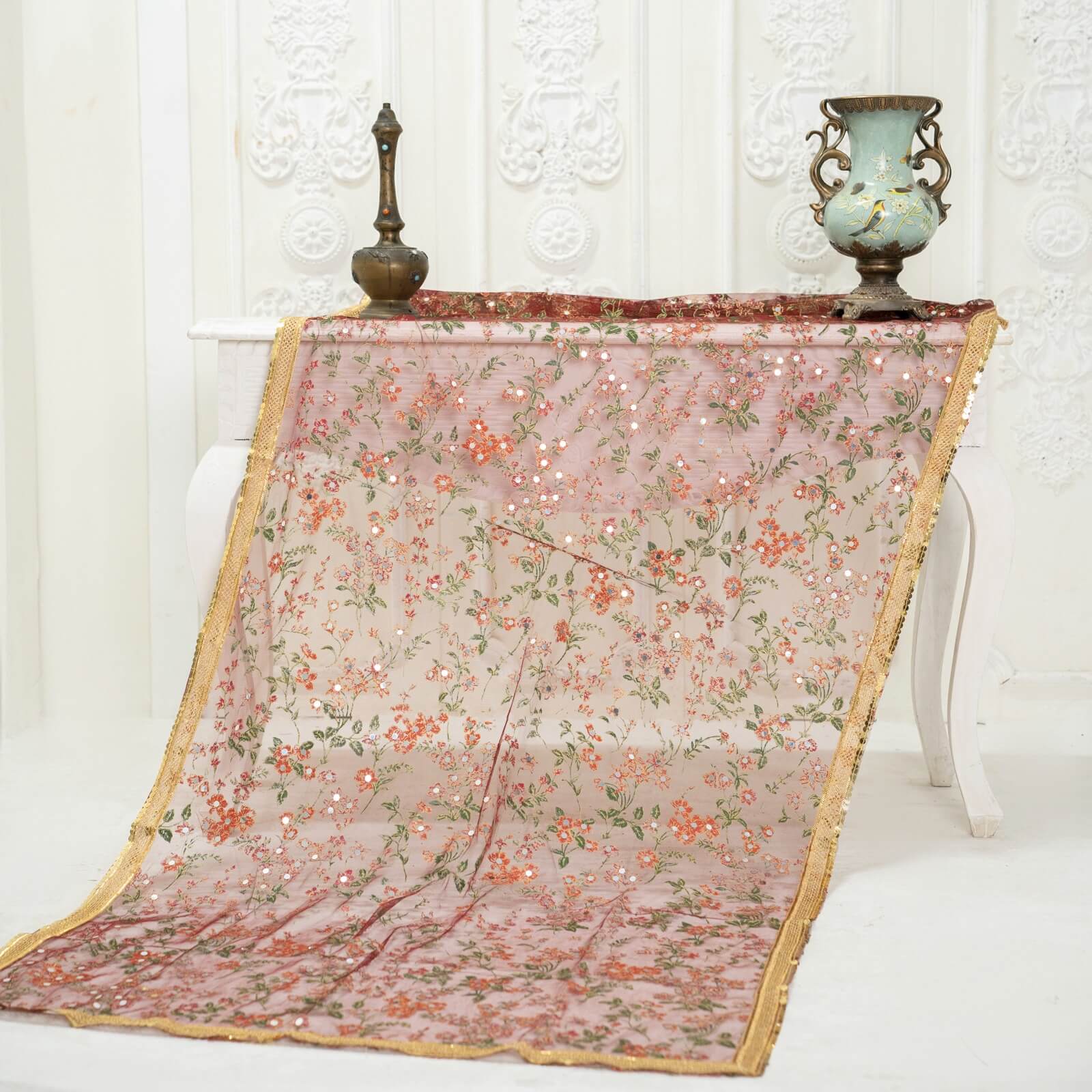 Net Maroon Botanical Block Printed Gota Patti with Mirror Work Dupatta
