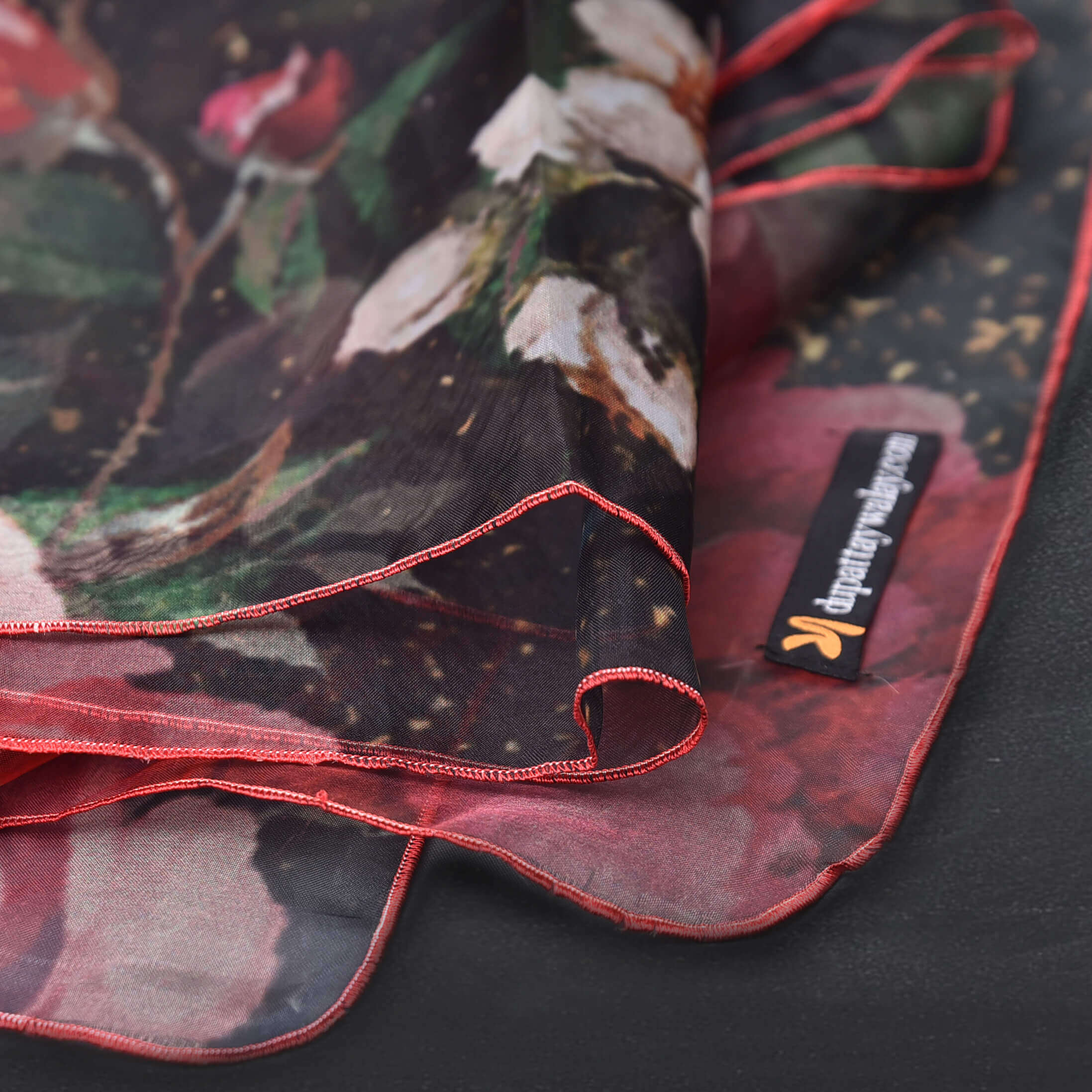 Organza Black Splash Red Floral Printed Dupatta