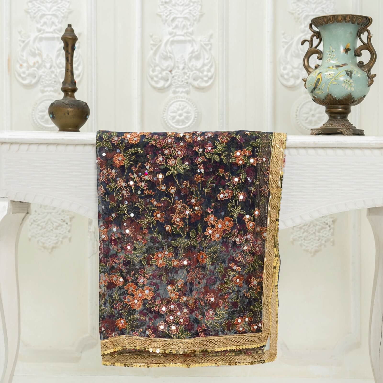 Net Navy Blue Botanical Block Printed Gota Patti with Mirror Work Dupatta