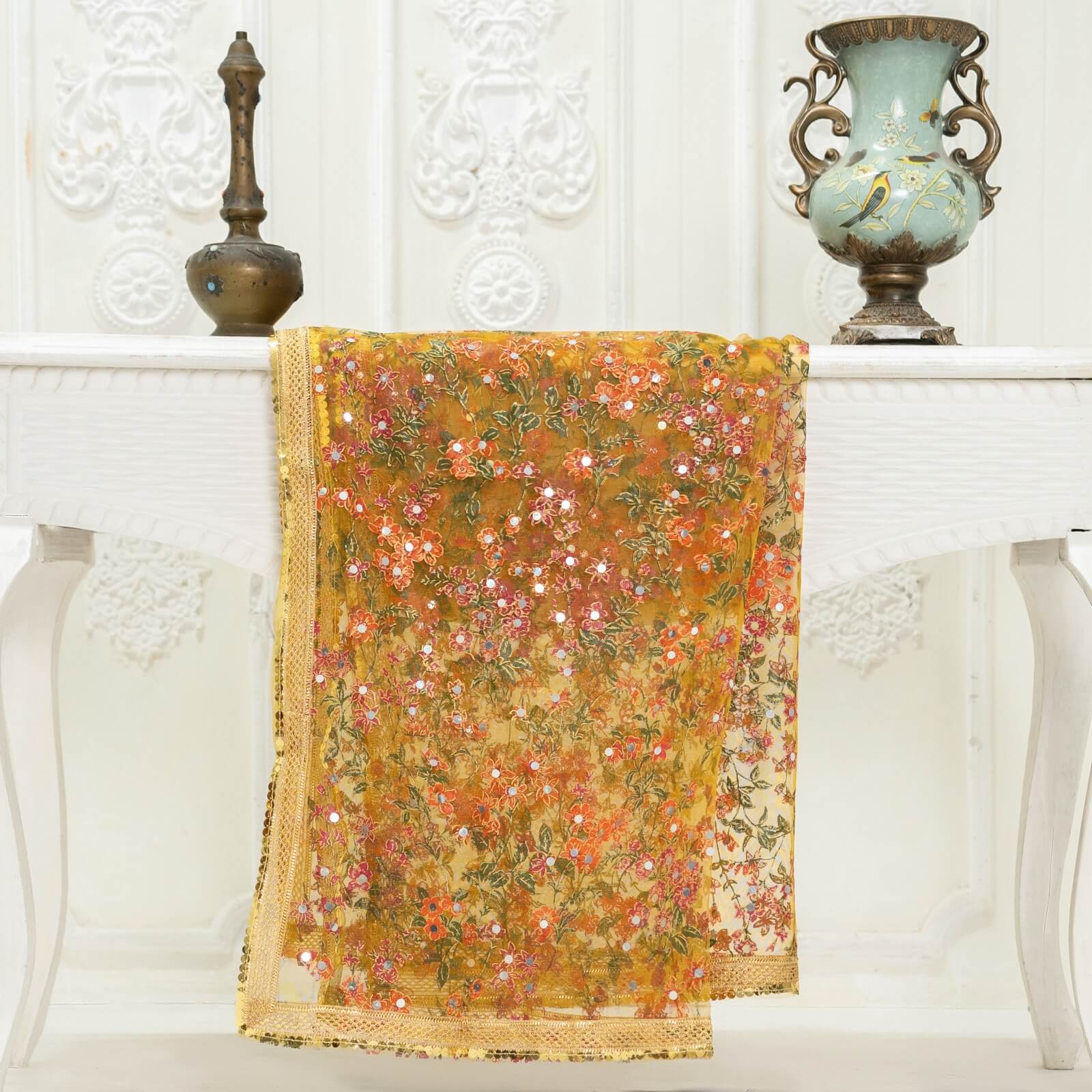 Net Orange Botanical Block Printed Gota Patti with Mirror Work Dupatta