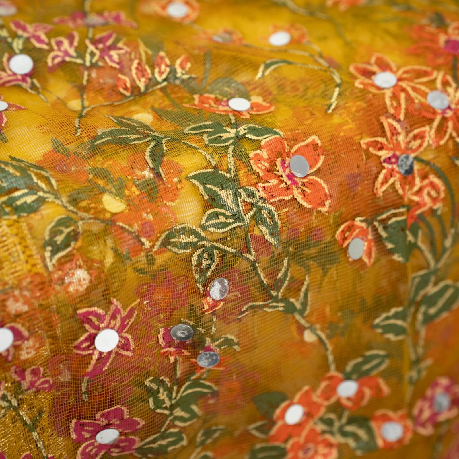 Net Orange Botanical Block Printed Gota Patti with Mirror Work Dupatta