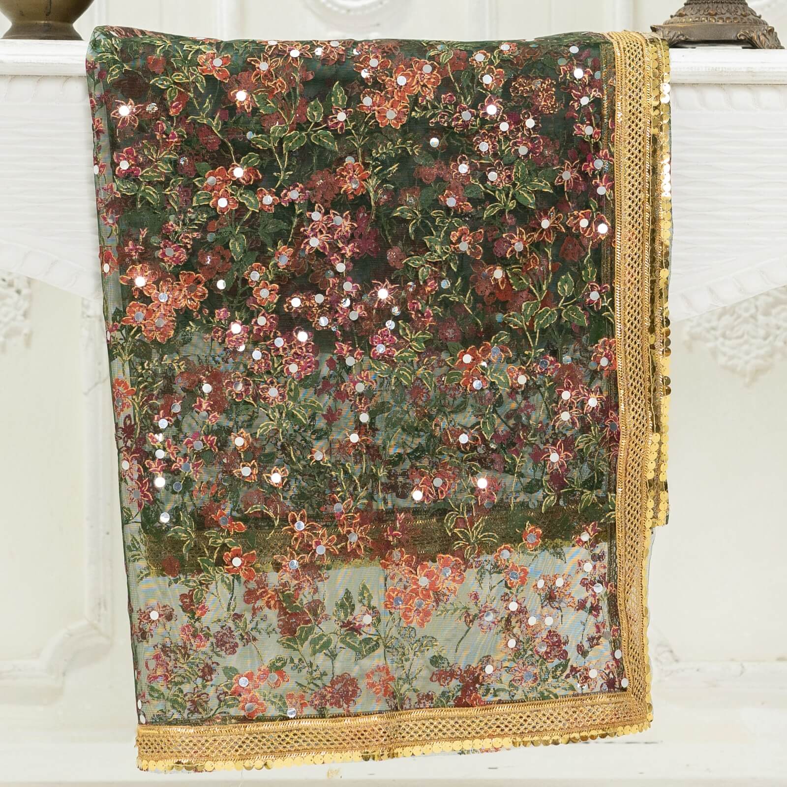 Net Bottle Green Botanical Block Printed Gota Patti with Mirror Work Dupatta