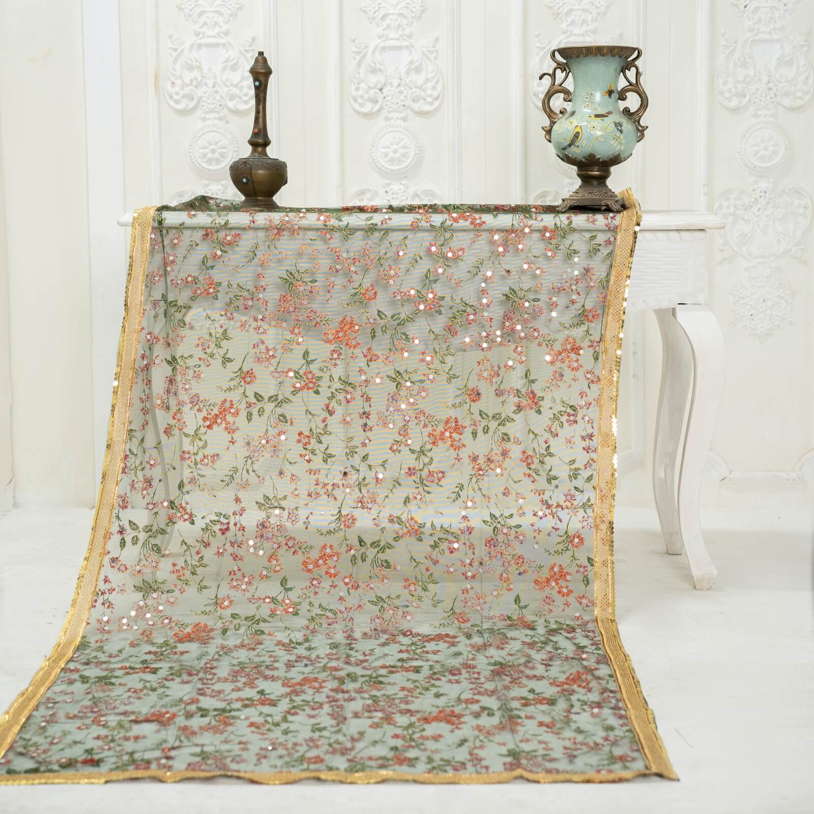 Net Bottle Green Botanical Block Printed Gota Patti with Mirror Work Dupatta