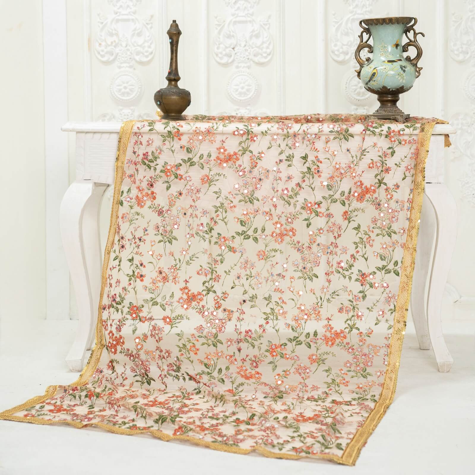 Net Skin Botanical Block Printed Gota Patti with Mirror Work Dupatta