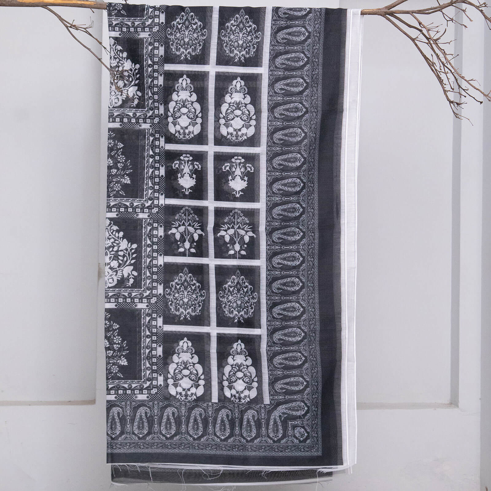 Monark Black and White Damask Printed Dupatta