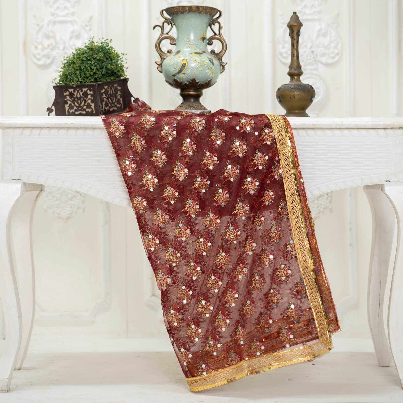 Net Maroon Floral Block Printed Gota Patti with Mirror Work Dupatta