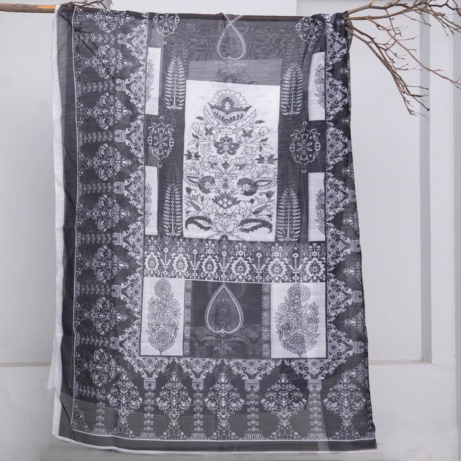 Monark Black and White Oriental Floral Printed Dupatta
