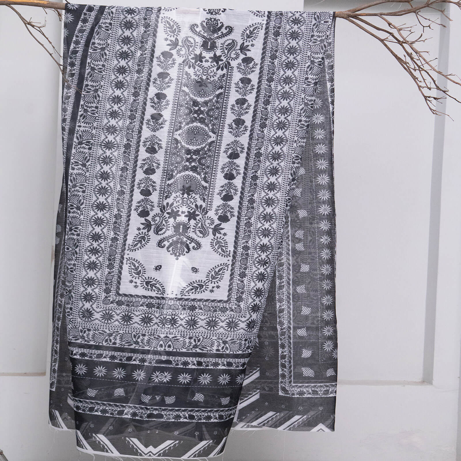 Monark Black and White Botanical Printed Dupatta