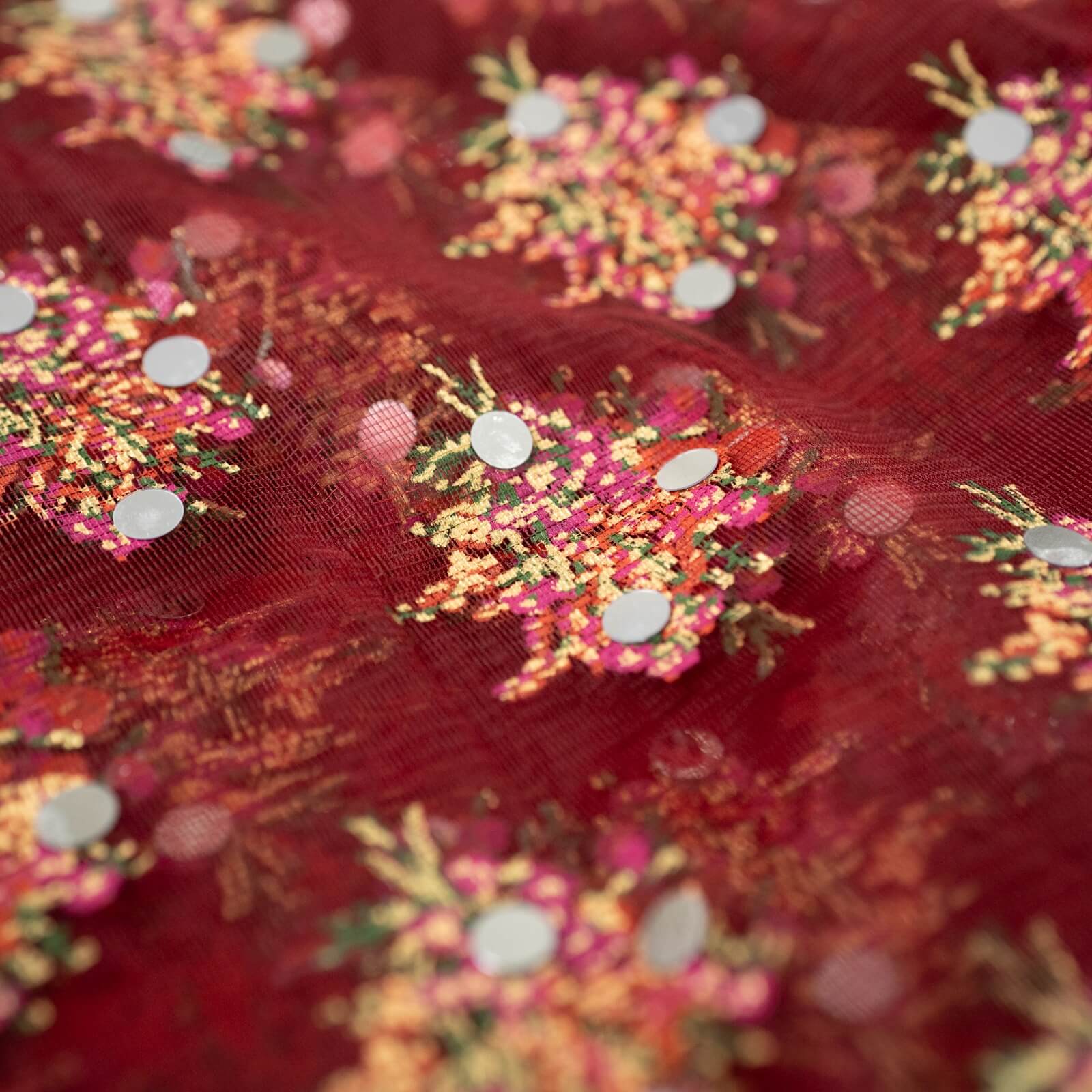 Net Maroon Floral Block Printed Gota Patti with Mirror Work Dupatta