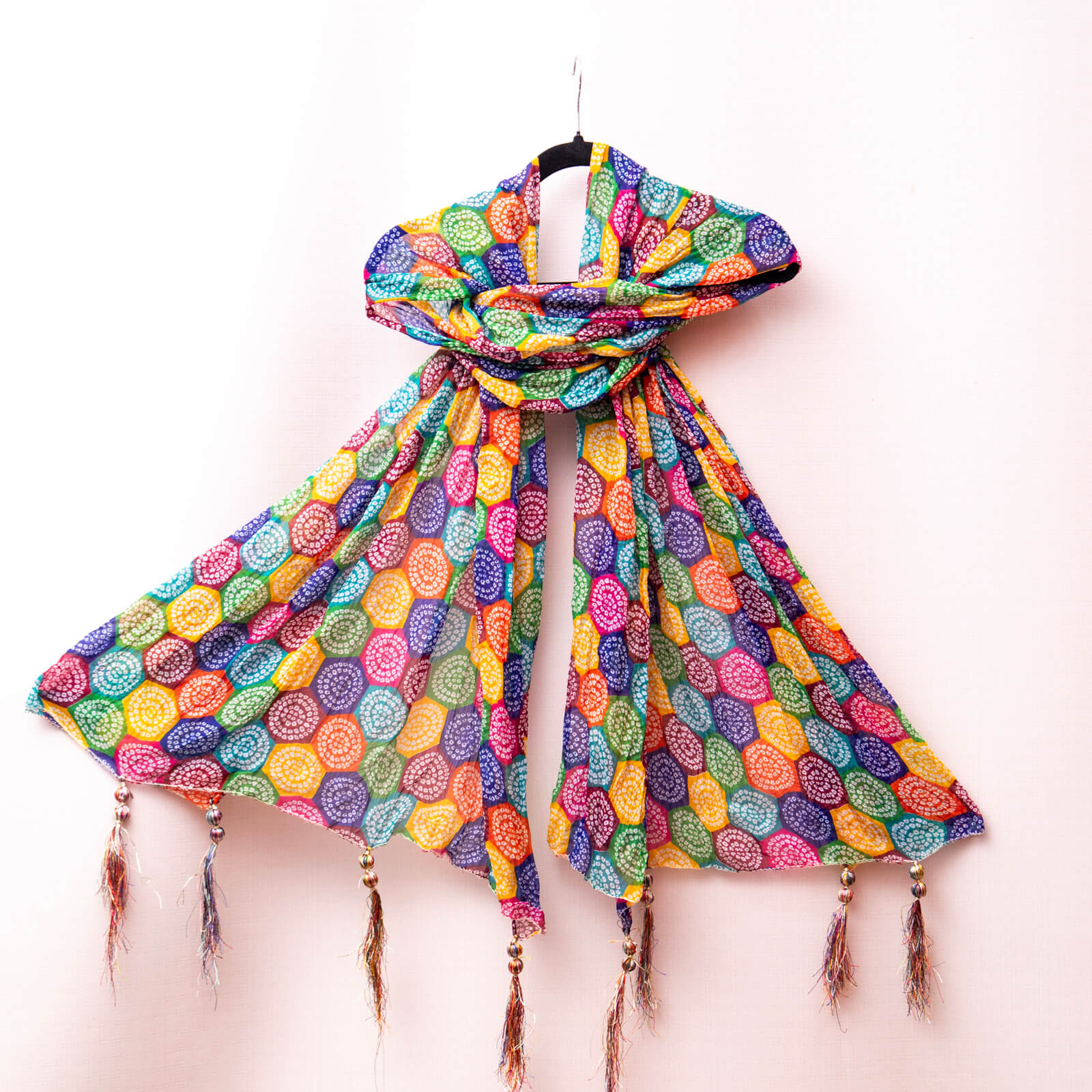 Chiffon Multi Hexagon Chunri With Tussle Dupatta