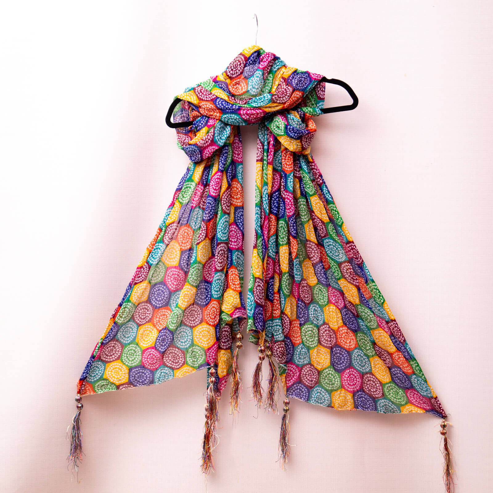 Chiffon Multi Hexagon Chunri With Tussle Dupatta