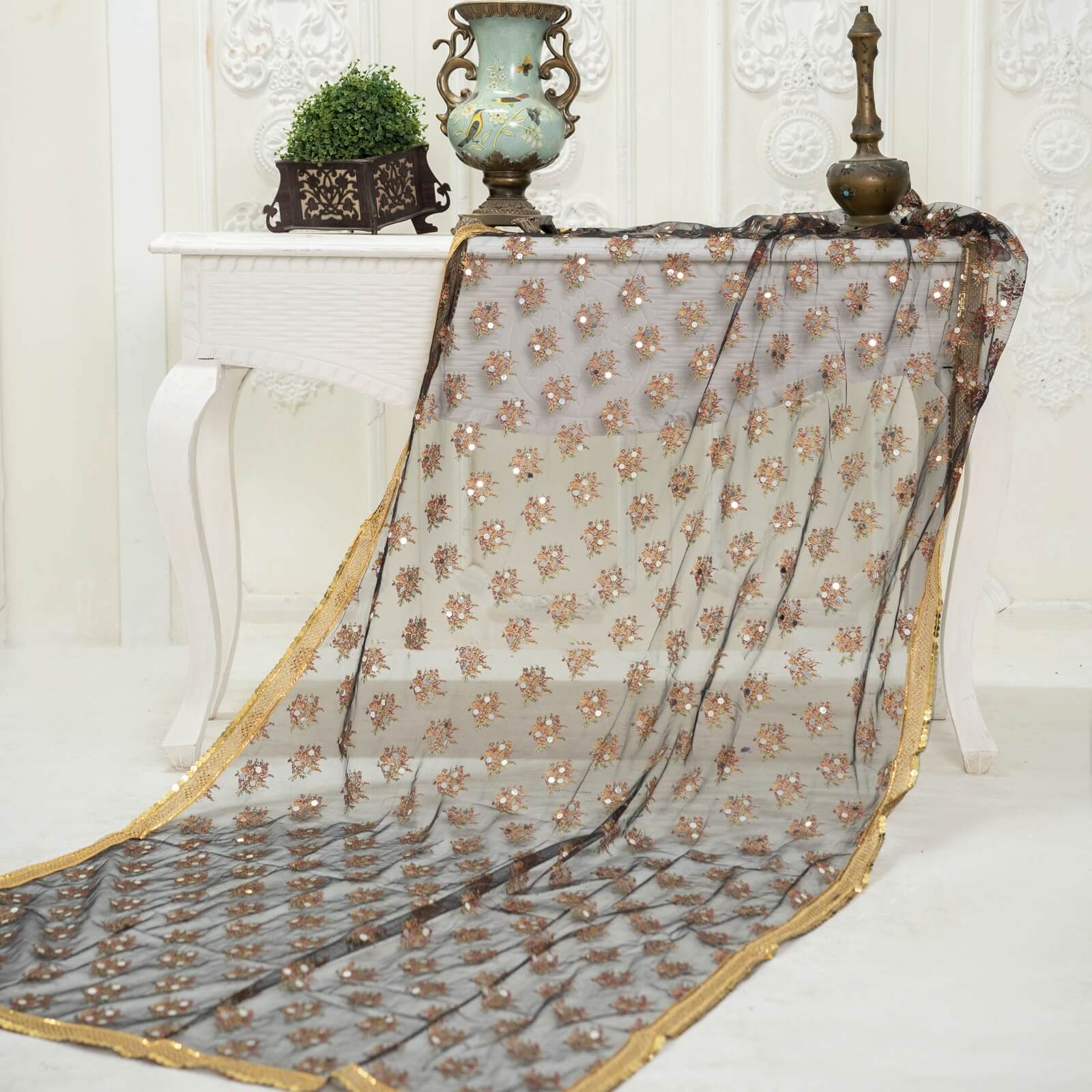 Net Black Floral Block Printed Gota Patti with Mirror Work Dupatta