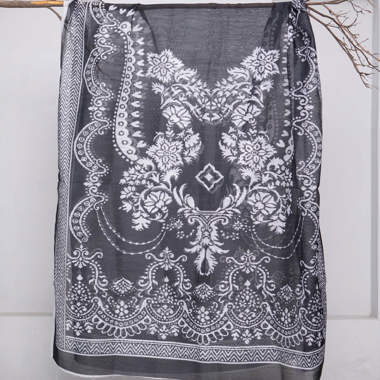 Monark Black and White Botanical Printed Dupatta