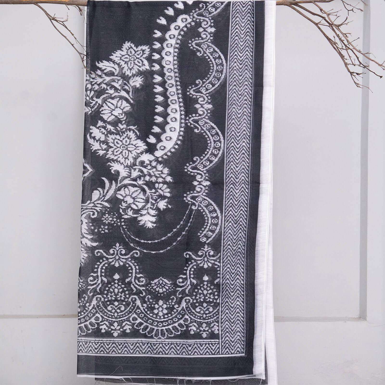 Monark Black and White Botanical Printed Dupatta