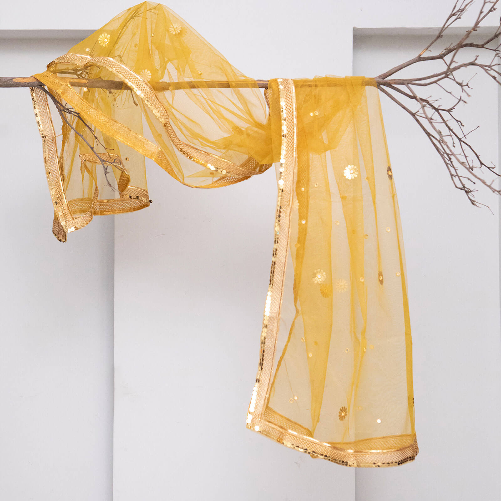 Net Mustard All Sided Gota Patti with Mirror Work Dupatta