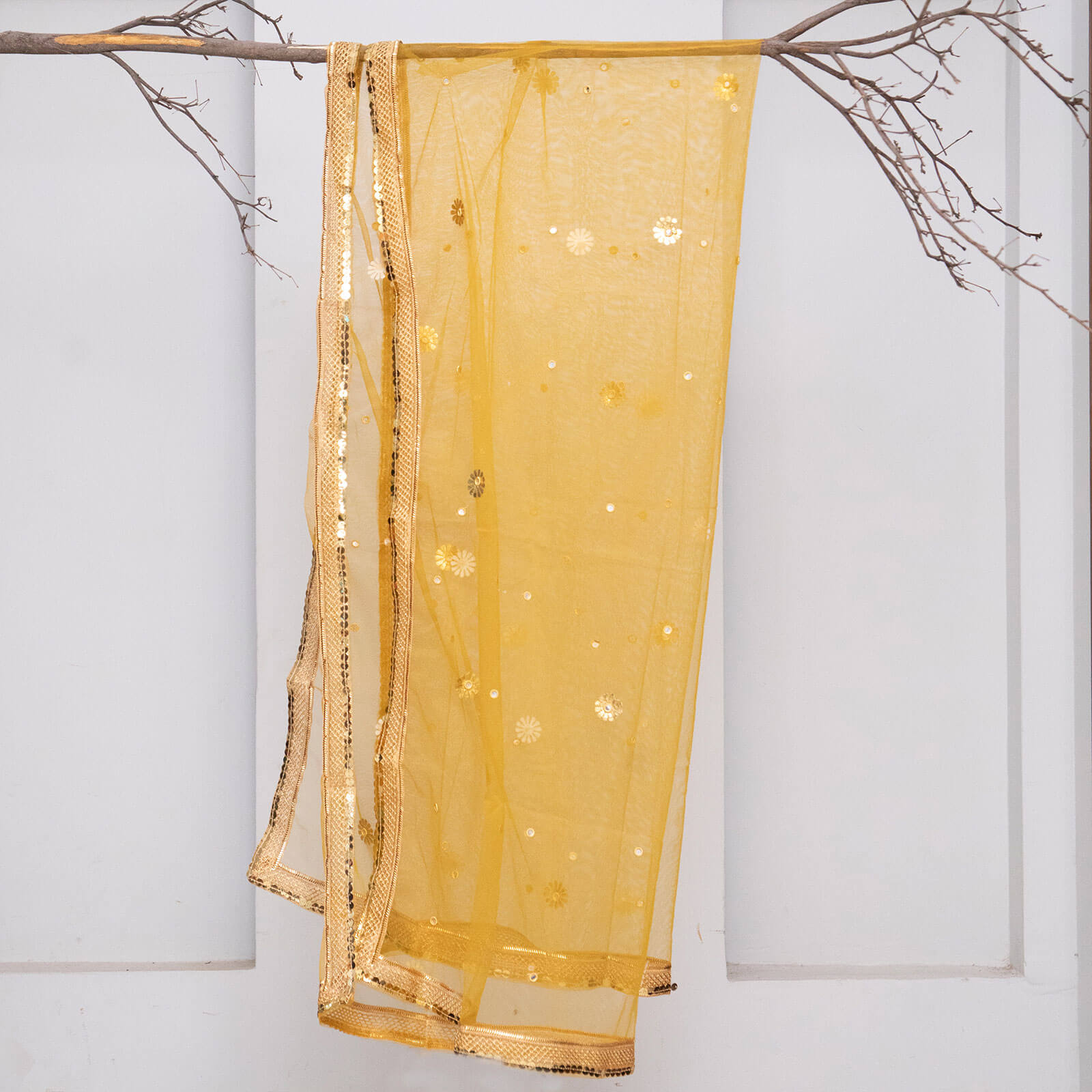 Net Mustard All Sided Gota Patti with Mirror Work Dupatta